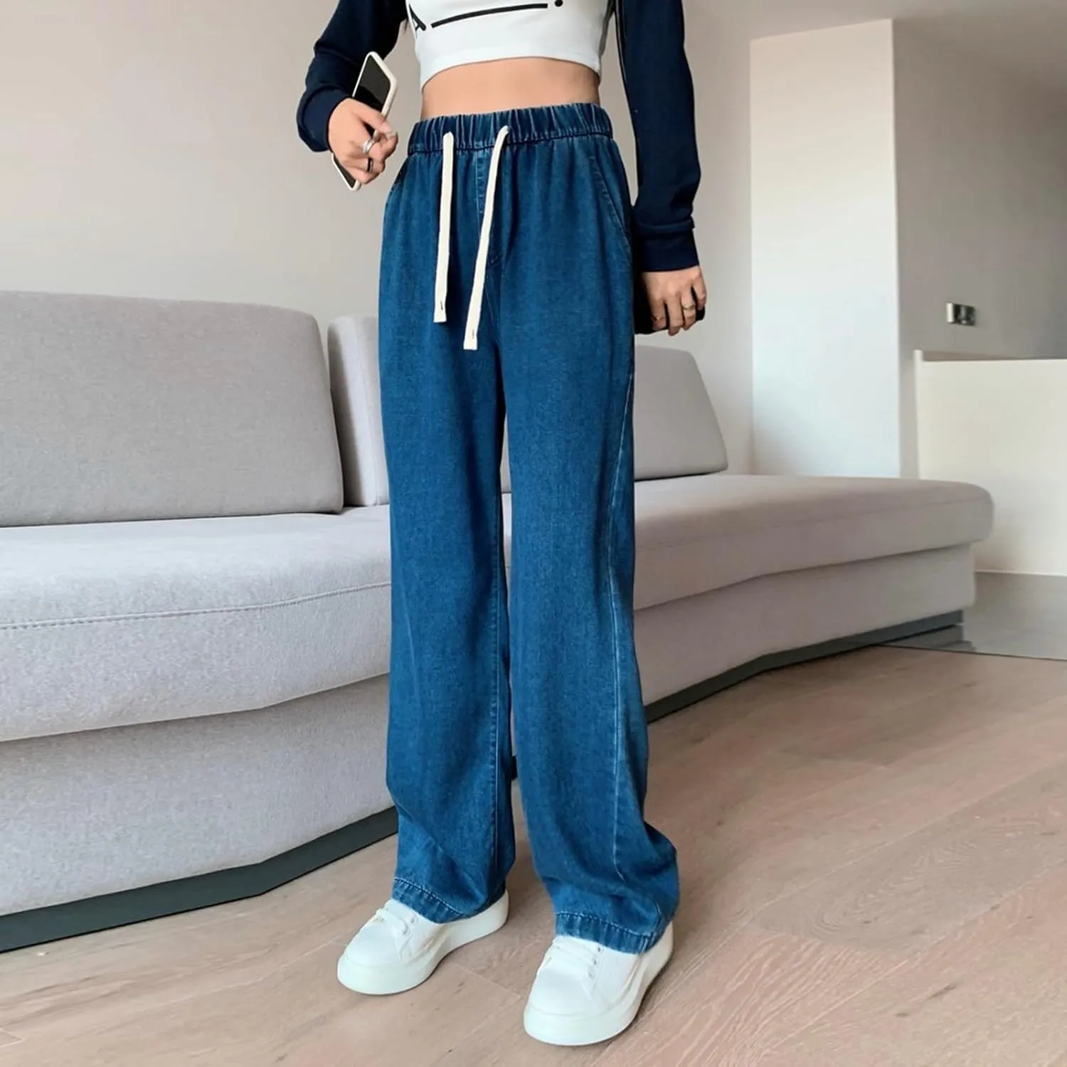 FZVYD Women's Elastic Waisted Jeans High Waisted Wide Leg with Pockets Soft Breathable Baggy 2025 Trendy Pull On Denim Pants
