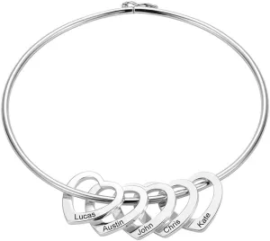 Getname Necklace Personalized Silver Bracelet Bangle with Heart Pendants - Custom Multiple Pendant Jewelry