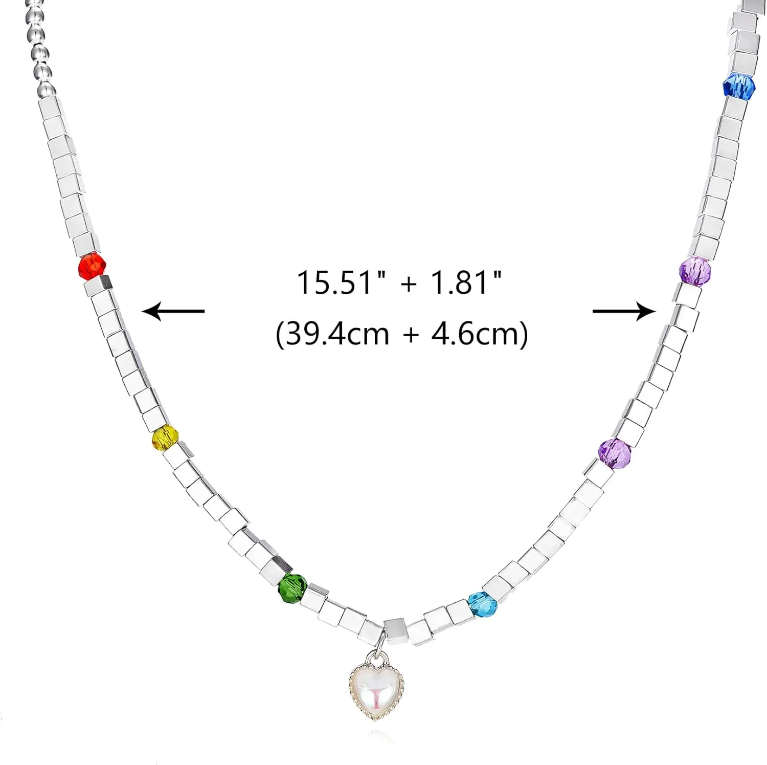 Gmai Y2K Heart Necklaces For Women Layered Colorful Silver Beaded Adjustable Choker Necklaces with Heart Pendant Cute Dainty Aesthetic Asymmetric Necklaces Y2k Fashion