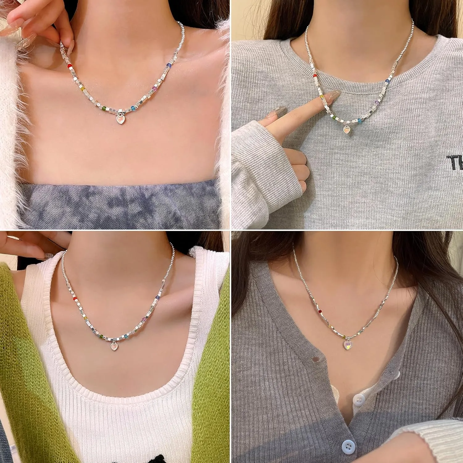 Gmai Y2K Heart Necklaces For Women Layered Colorful Silver Beaded Adjustable Choker Necklaces with Heart Pendant Cute Dainty Aesthetic Asymmetric Necklaces Y2k Fashion