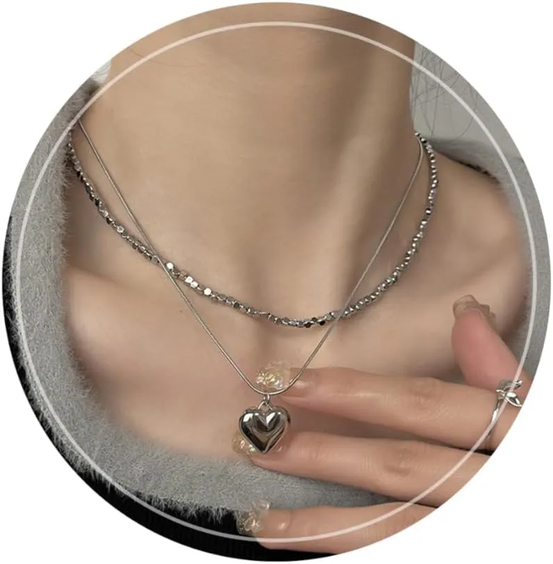 Gmai Y2K Heart Necklaces For Women Layered Colorful Silver Beaded Adjustable Choker Necklaces with Heart Pendant Cute Dainty Aesthetic Asymmetric Necklaces Y2k Fashion