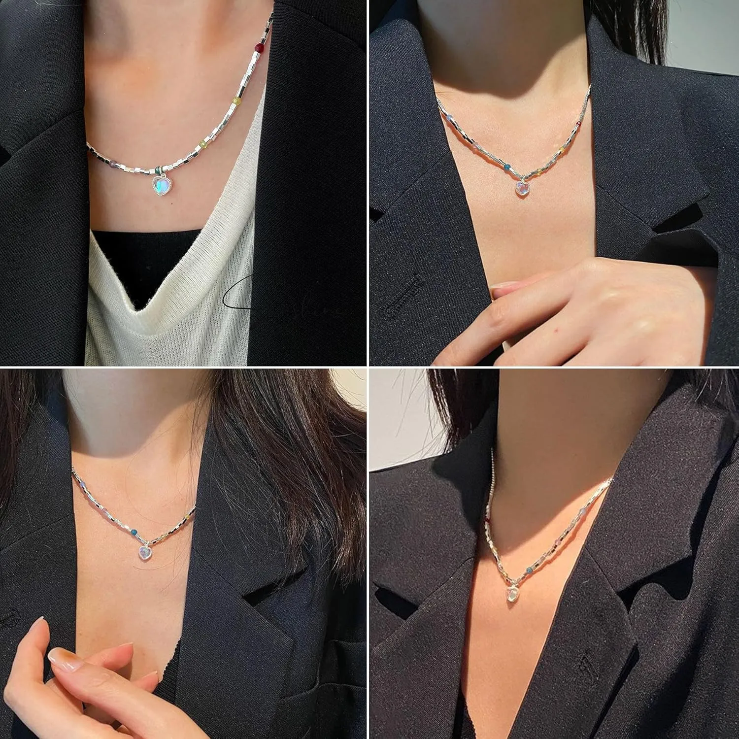 Gmai Y2K Heart Necklaces For Women Layered Colorful Silver Beaded Adjustable Choker Necklaces with Heart Pendant Cute Dainty Aesthetic Asymmetric Necklaces Y2k Fashion