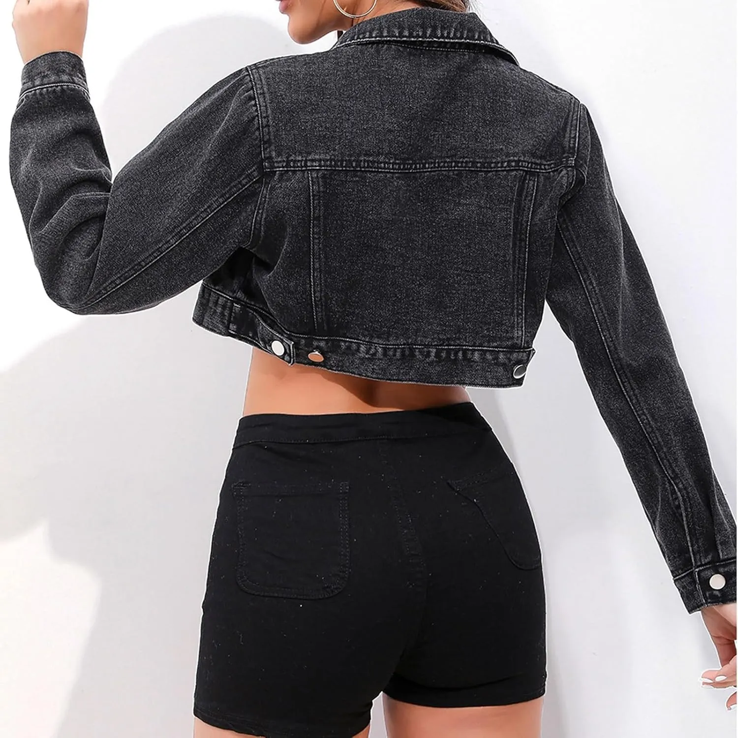 GOKKILRW Crop Denim Jacket for Women Distressed Washed Jean Coats Cropped Button Down Retro Western Trucker Jacket Pockets