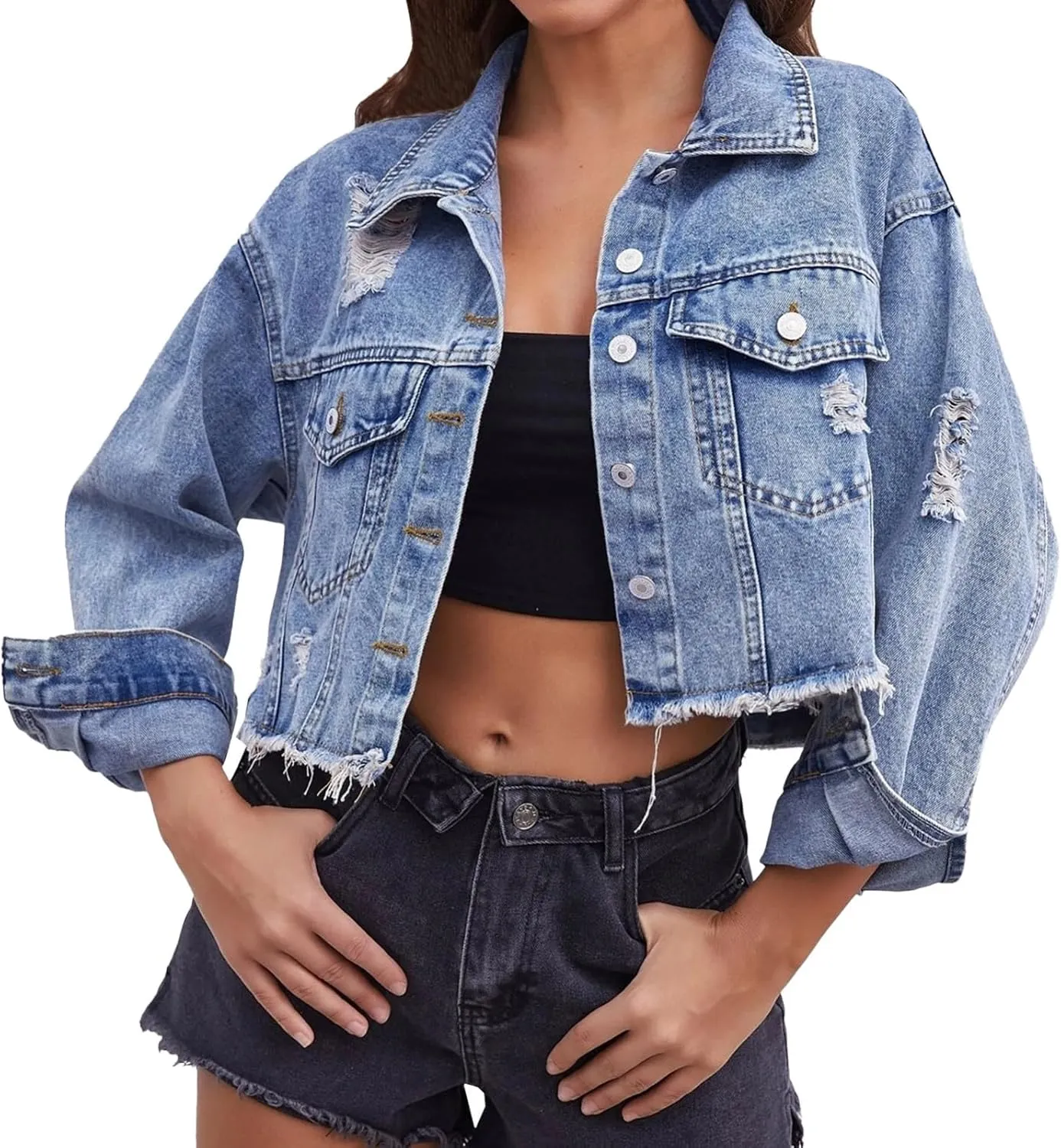 GOKKILRW Crop Denim Jacket for Women Distressed Washed Jean Coats Cropped Button Down Retro Western Trucker Jacket Pockets