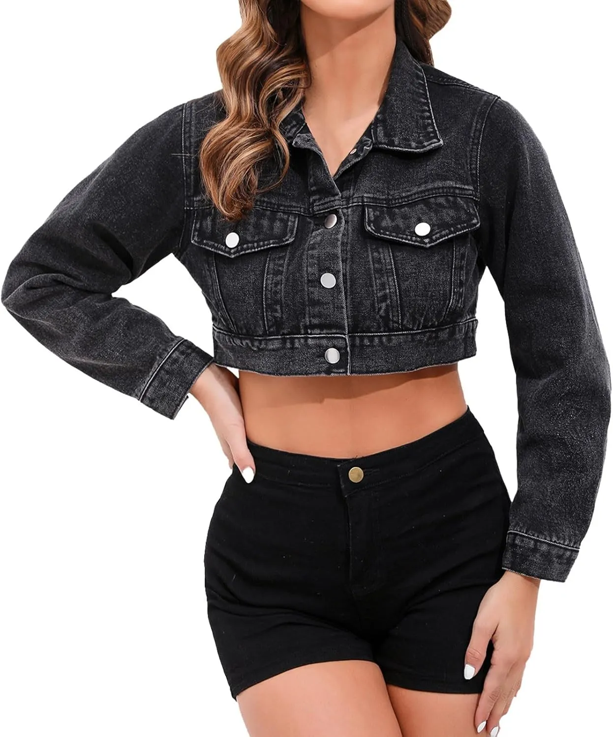 GOKKILRW Crop Denim Jacket for Women Distressed Washed Jean Coats Cropped Button Down Retro Western Trucker Jacket Pockets