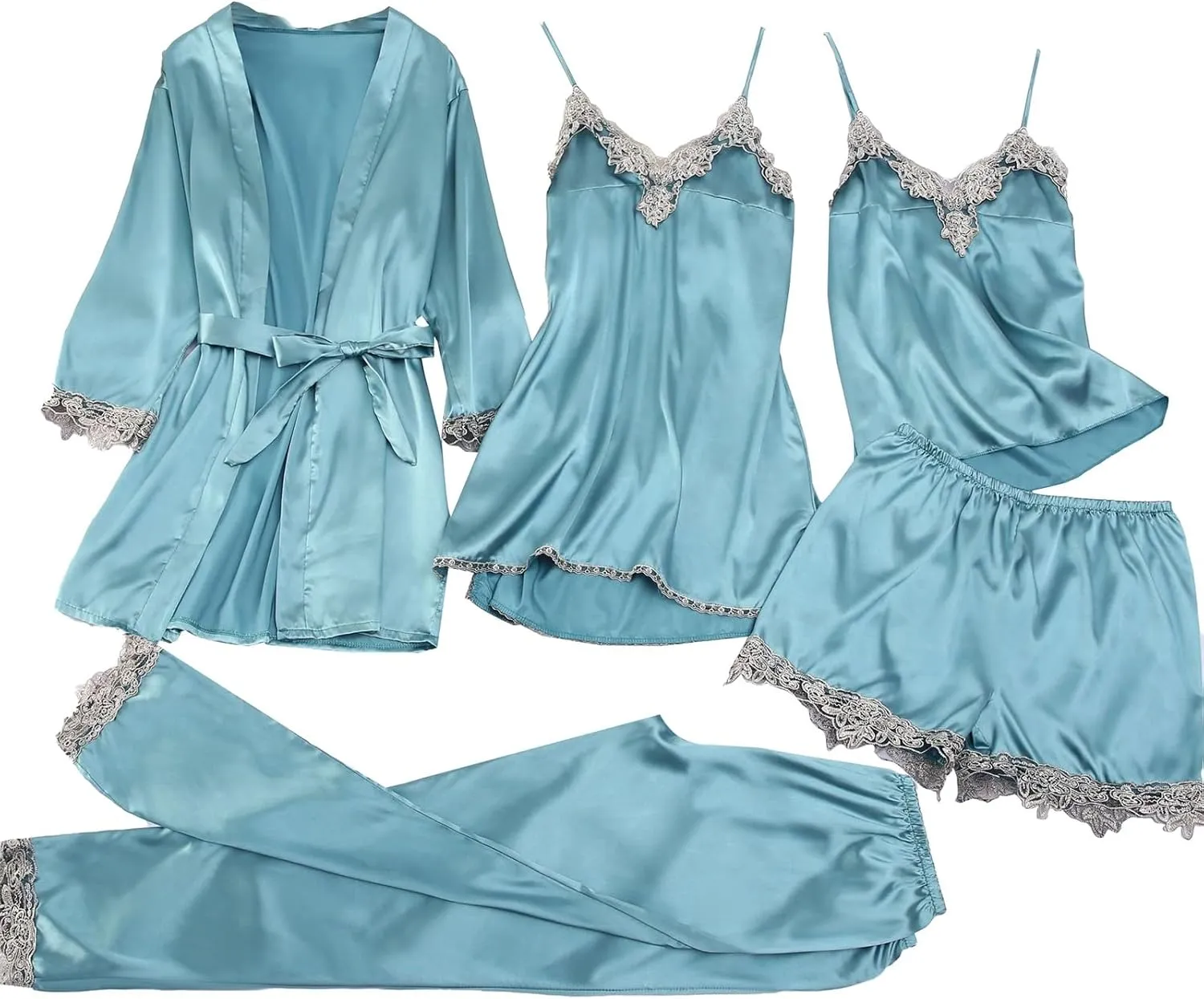 GOKKILRW Womens 5 Piece Satin Pajama Set Lace Camisole Nightgown with Shorts Pants Robe Sleepwear Sexy Lingerie Nightwear