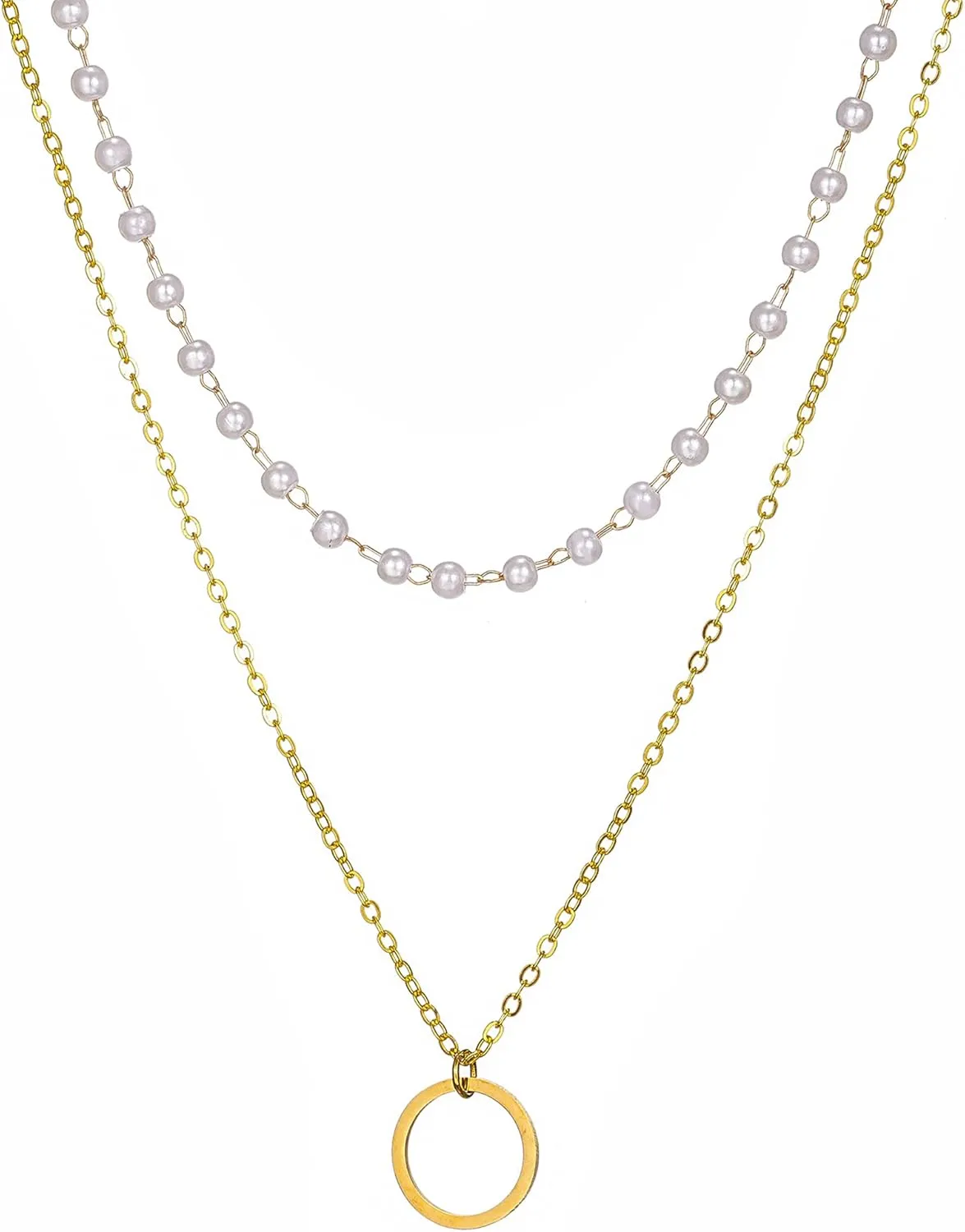 Gold Circle Pendant & Pearl Chain Layered Necklaces for women, Dainty Gold Layering Necklaces Trendy