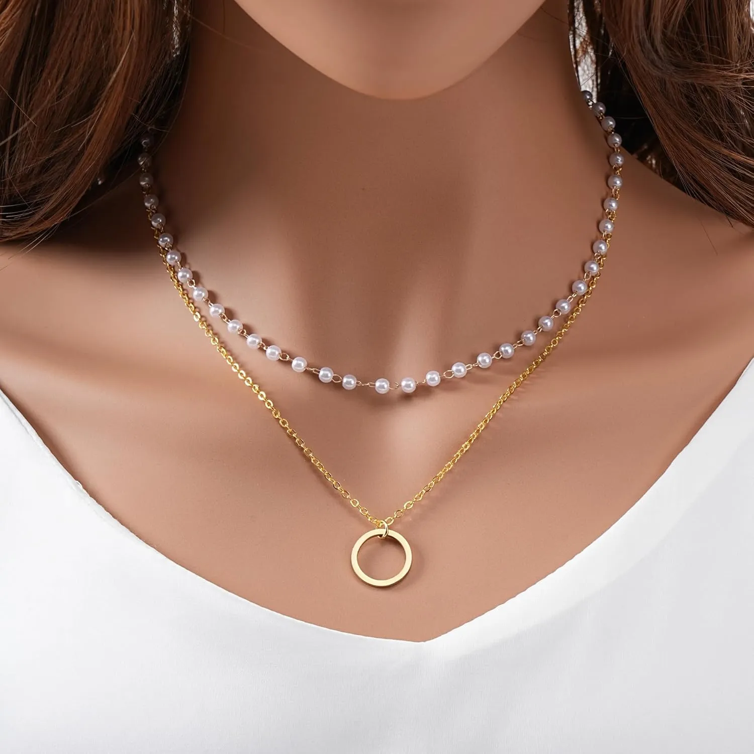 Gold Circle Pendant & Pearl Chain Layered Necklaces for women, Dainty Gold Layering Necklaces Trendy