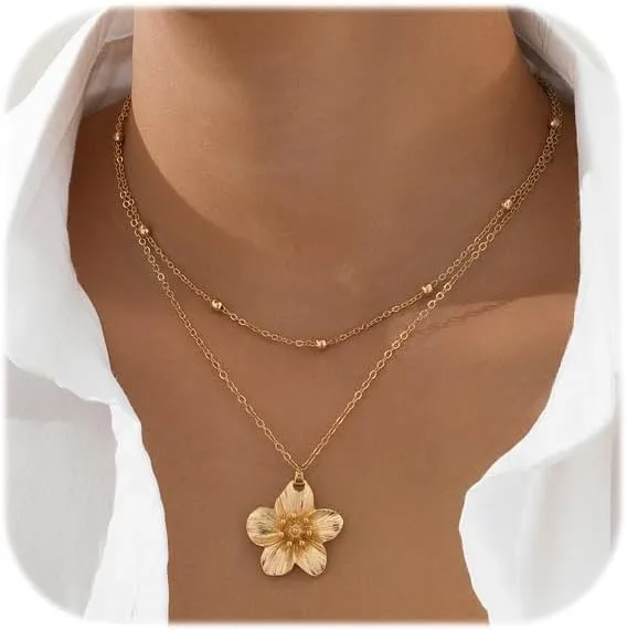 Gold Flower Necklace for Women Floral Pendant Choker Statement Necklaces Trendy Flowers Layered Necklaces