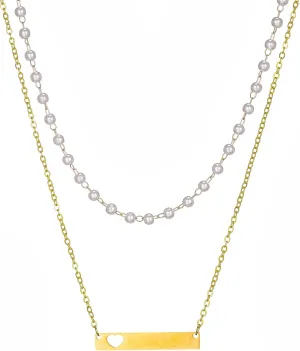 Gold Heart Bar & Pearl Chain Layered Necklaces for women, Dainty Gold Layering Necklaces Trendy