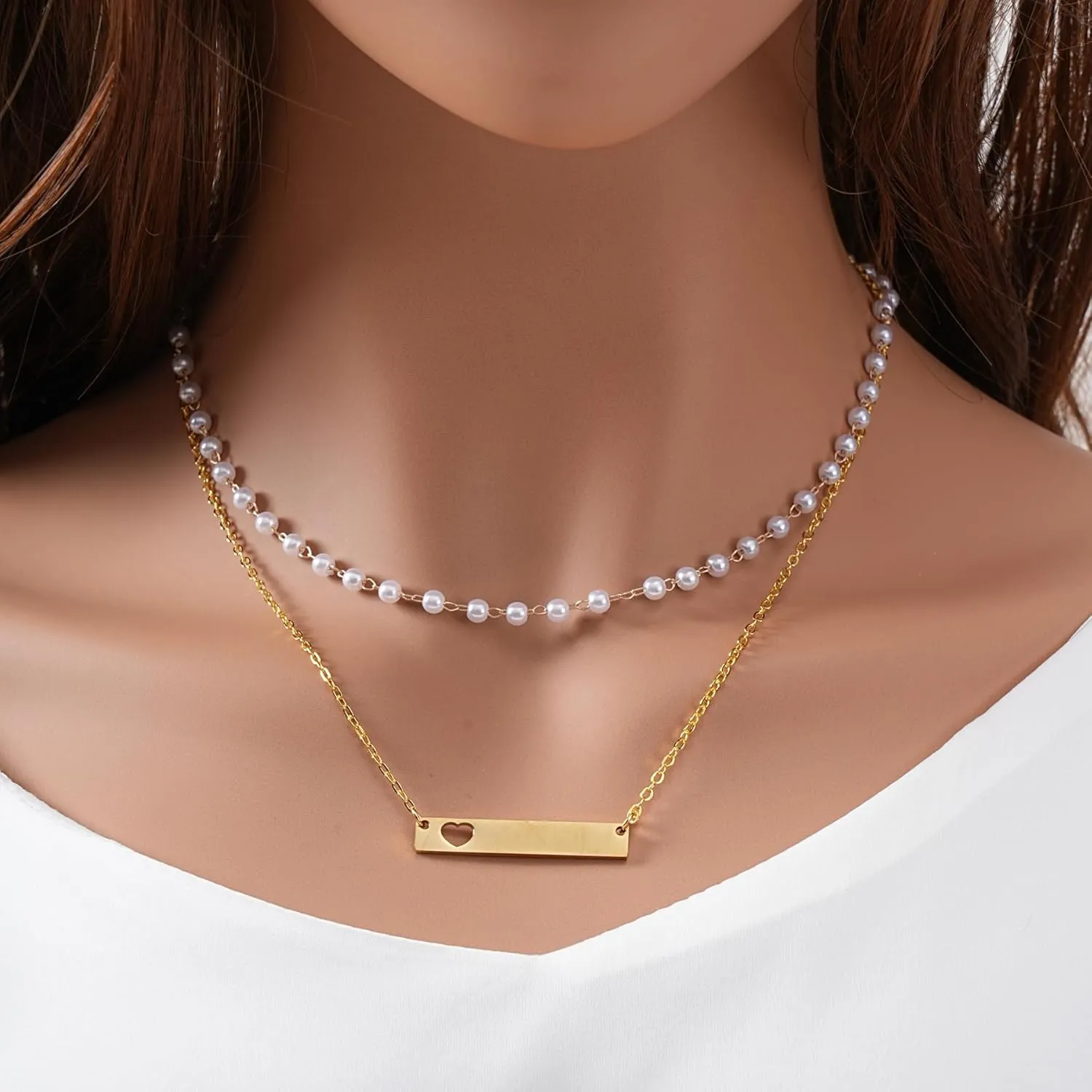 Gold Heart Bar & Pearl Chain Layered Necklaces for women, Dainty Gold Layering Necklaces Trendy