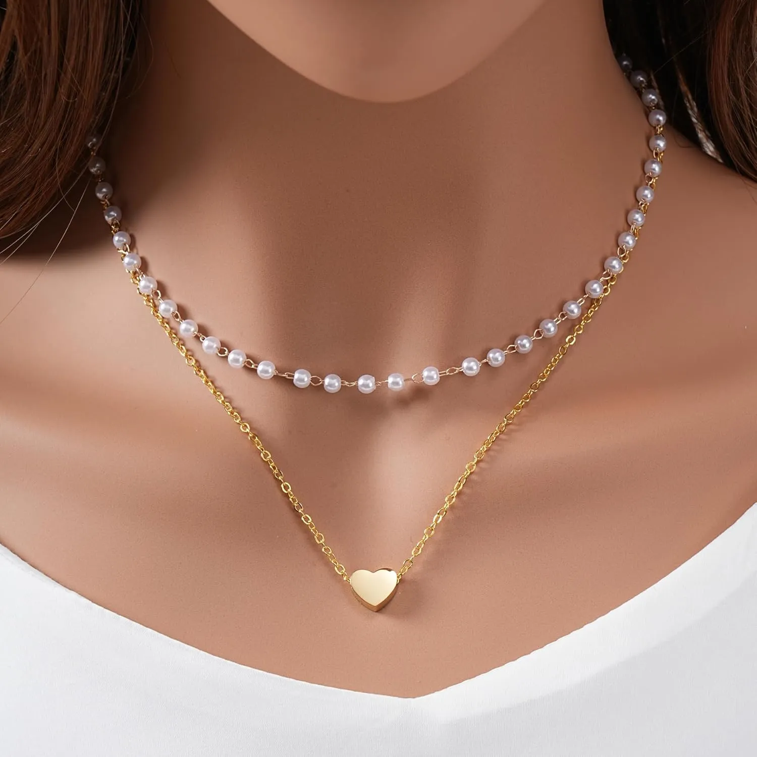 Gold Heart Pendant & Pearl Chain Layered Gold Necklaces, Dainty Everyday Layering Necklaces for Women Trendy