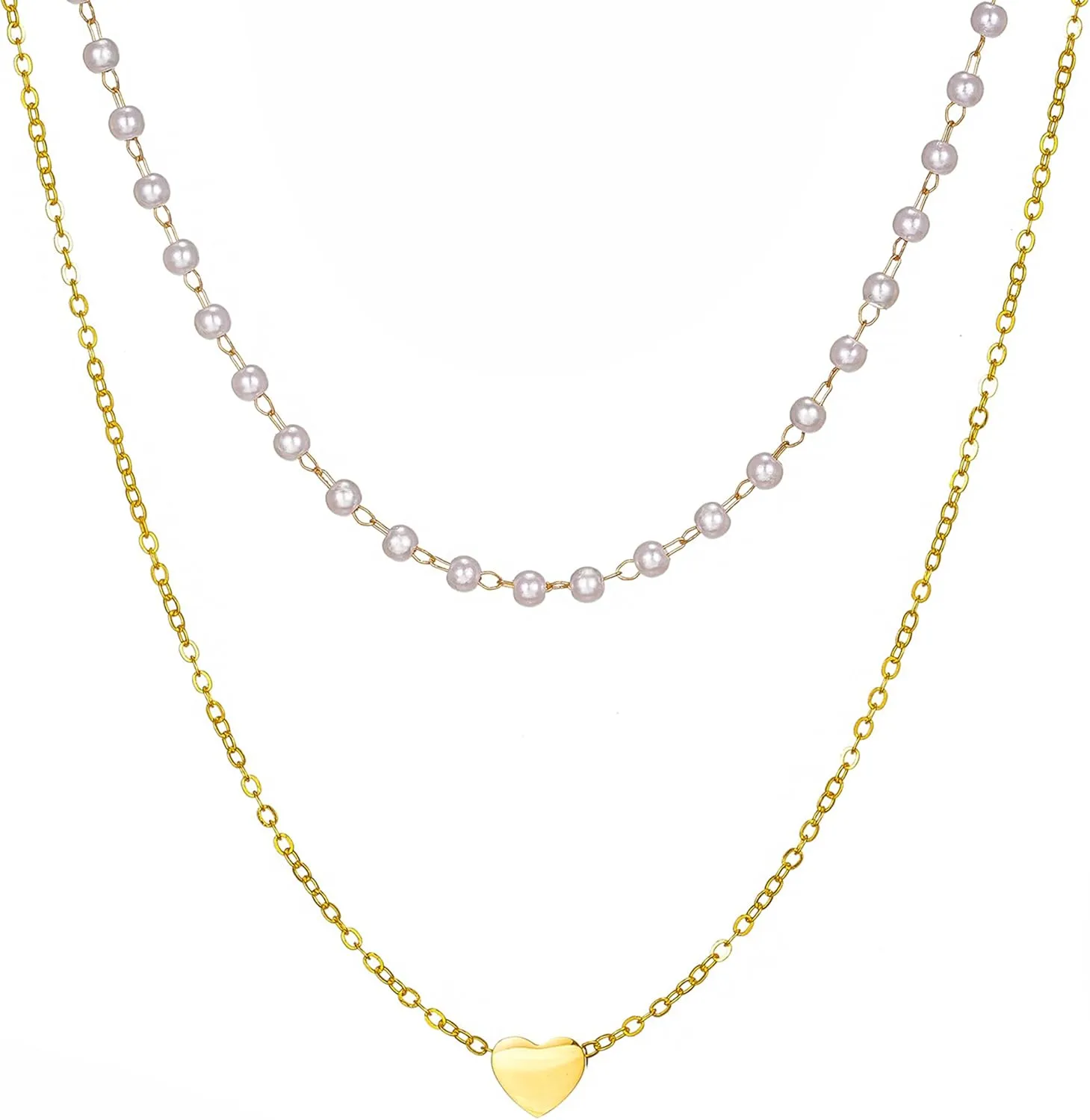 Gold Heart Pendant & Pearl Chain Layered Gold Necklaces, Dainty Everyday Layering Necklaces for Women Trendy