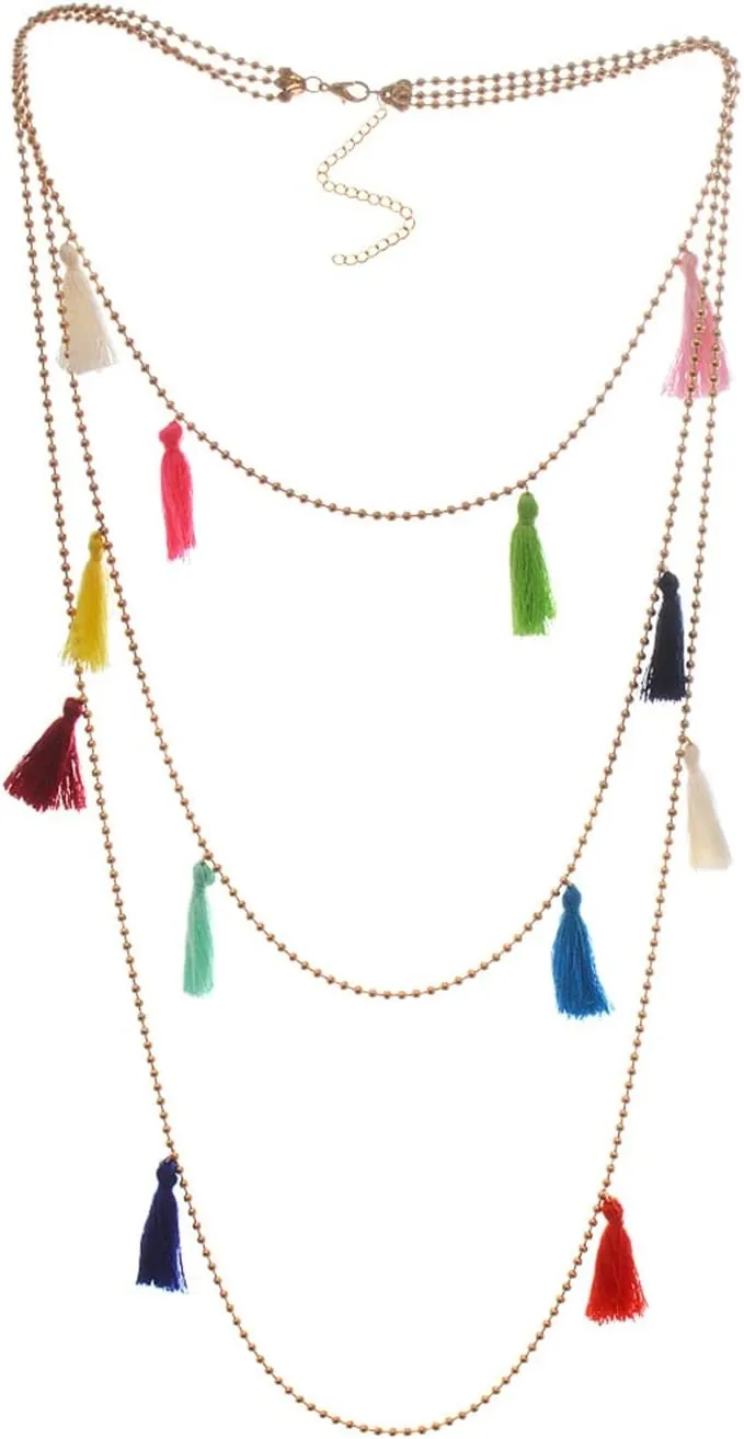 Gold Layered Necklaces for Women, Dainty Layering Necklaces for Women Colorful Tassel Pendant Chain Necklaces Jewelry Birthday Gift for Her, 3 Layers, Gold, 55CM