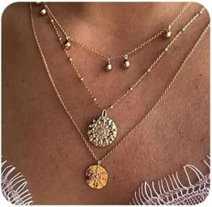Gold Layering Necklaces Boho Layered Choker Necklace Vintage Round Beads Necklaces Jewelry for Women