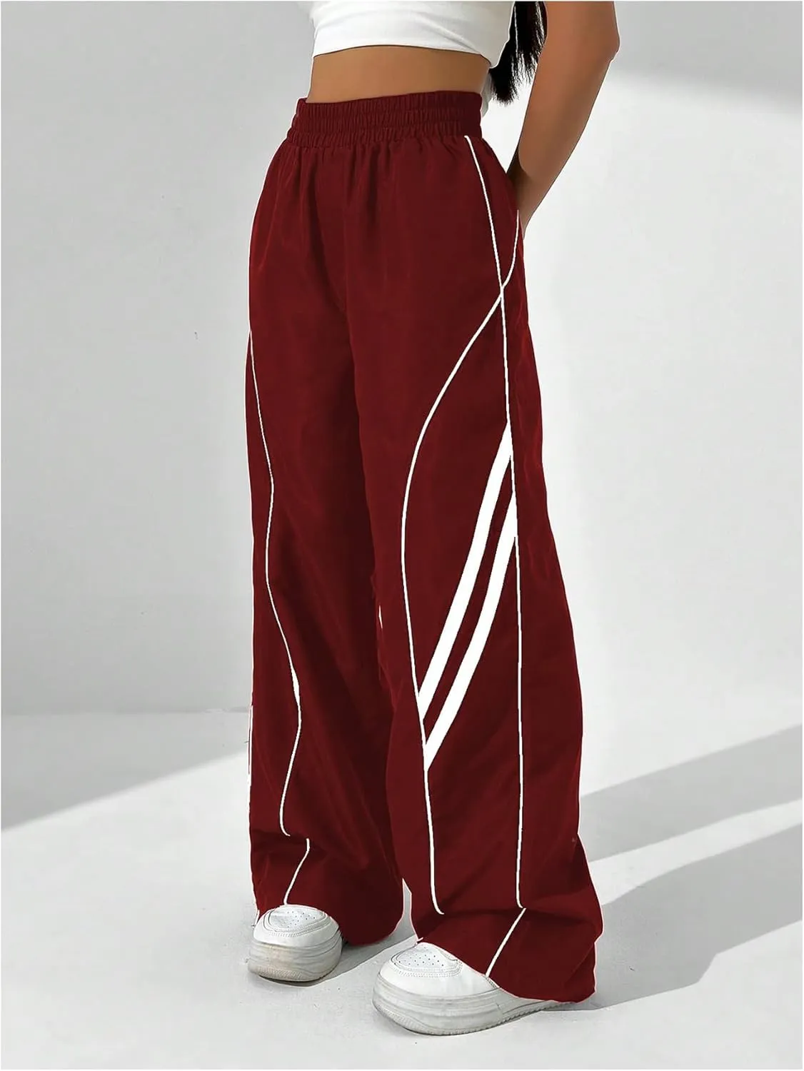 GORGLITTER Women's Y2k Elastic High Waisted Baggy Track Pants Vintage Wide Leg Parachute Trousers