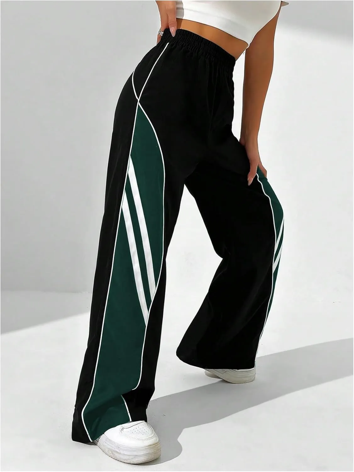 GORGLITTER Women's Y2k Elastic High Waisted Baggy Track Pants Vintage Wide Leg Parachute Trousers