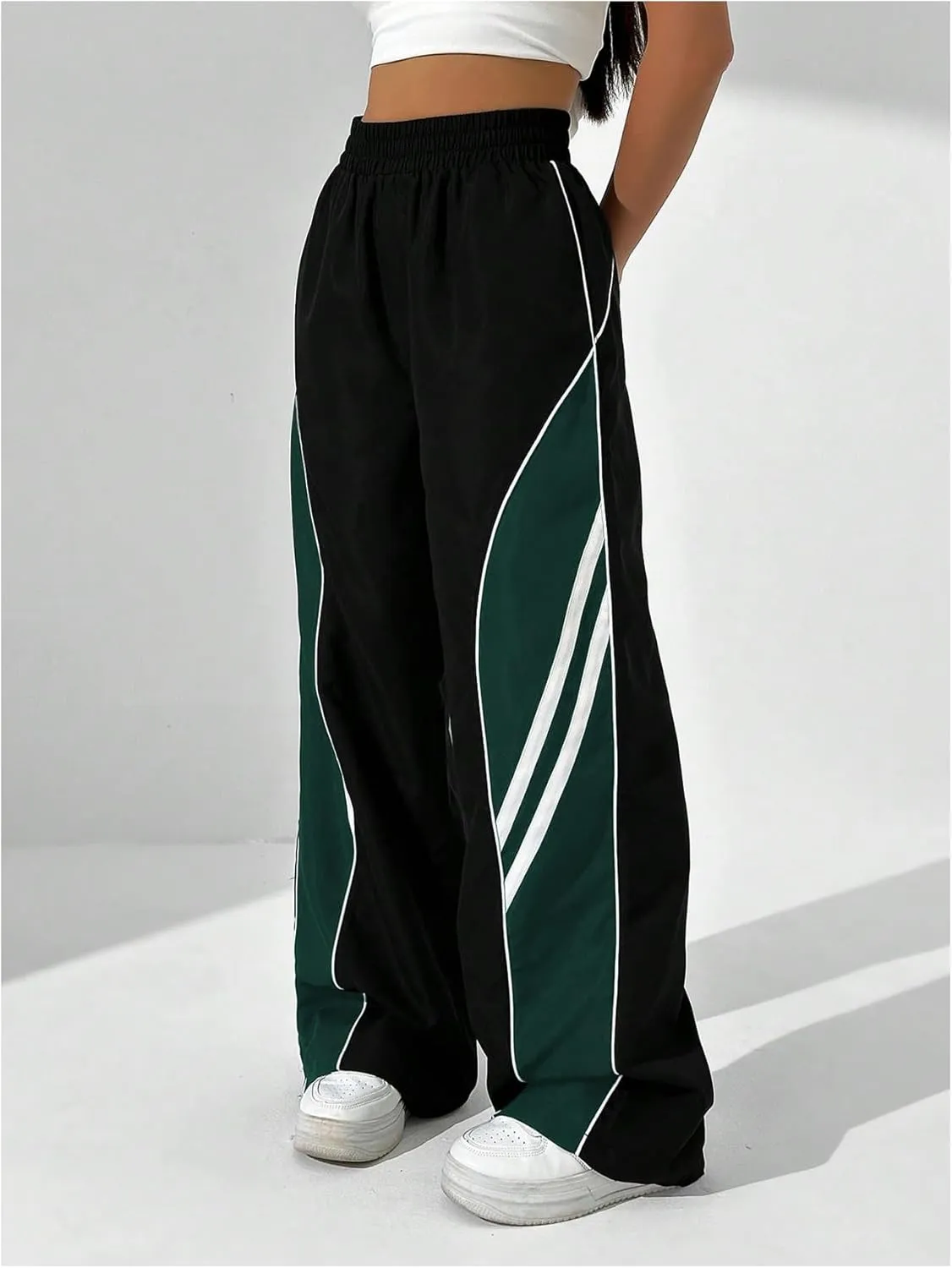 GORGLITTER Women's Y2k Elastic High Waisted Baggy Track Pants Vintage Wide Leg Parachute Trousers