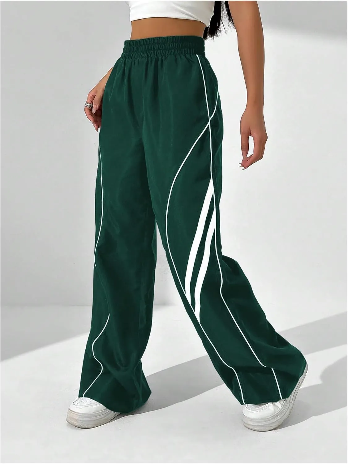 GORGLITTER Women's Y2k Elastic High Waisted Baggy Track Pants Vintage Wide Leg Parachute Trousers