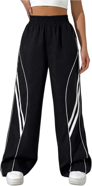 GORGLITTER Women's Y2k Elastic High Waisted Baggy Track Pants Vintage Wide Leg Parachute Trousers