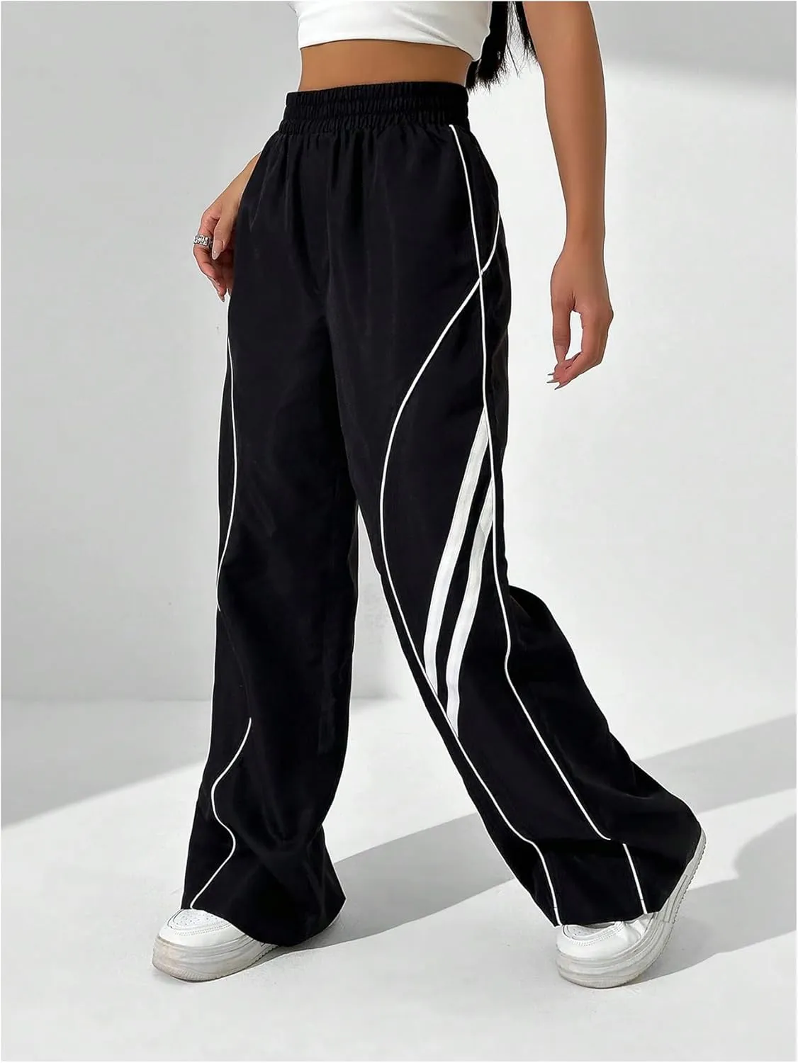 GORGLITTER Women's Y2k Elastic High Waisted Baggy Track Pants Vintage Wide Leg Parachute Trousers
