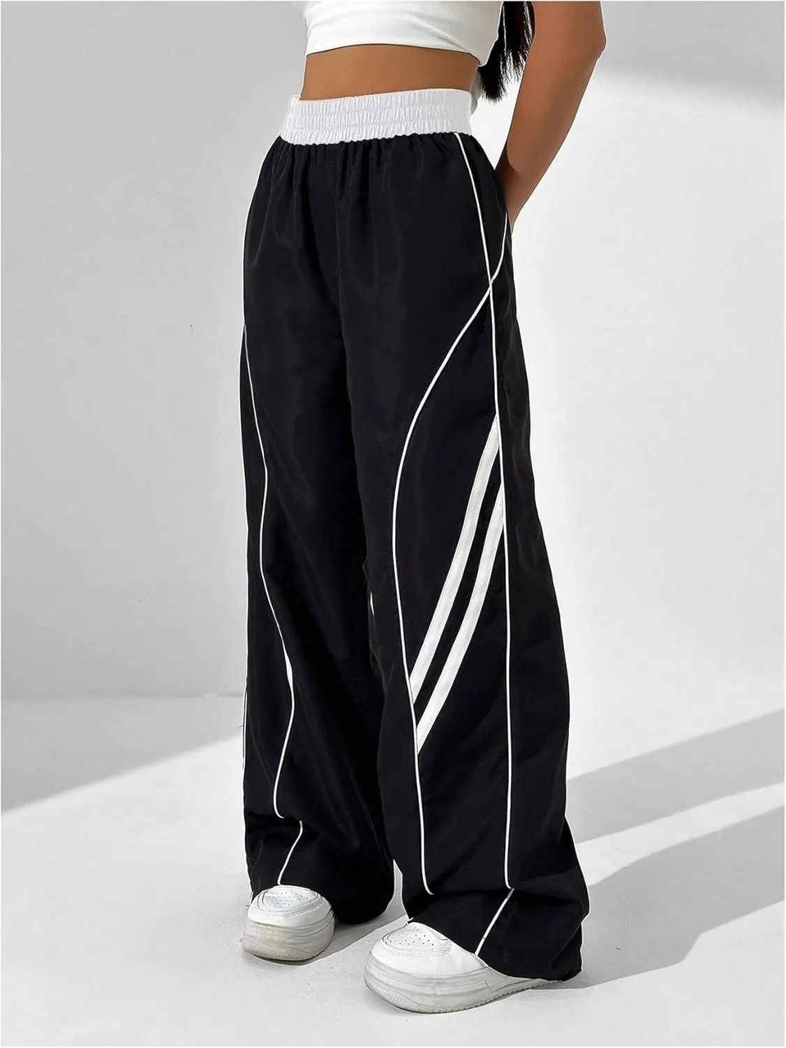 GORGLITTER Women's Y2k Elastic High Waisted Baggy Track Pants Vintage Wide Leg Parachute Trousers