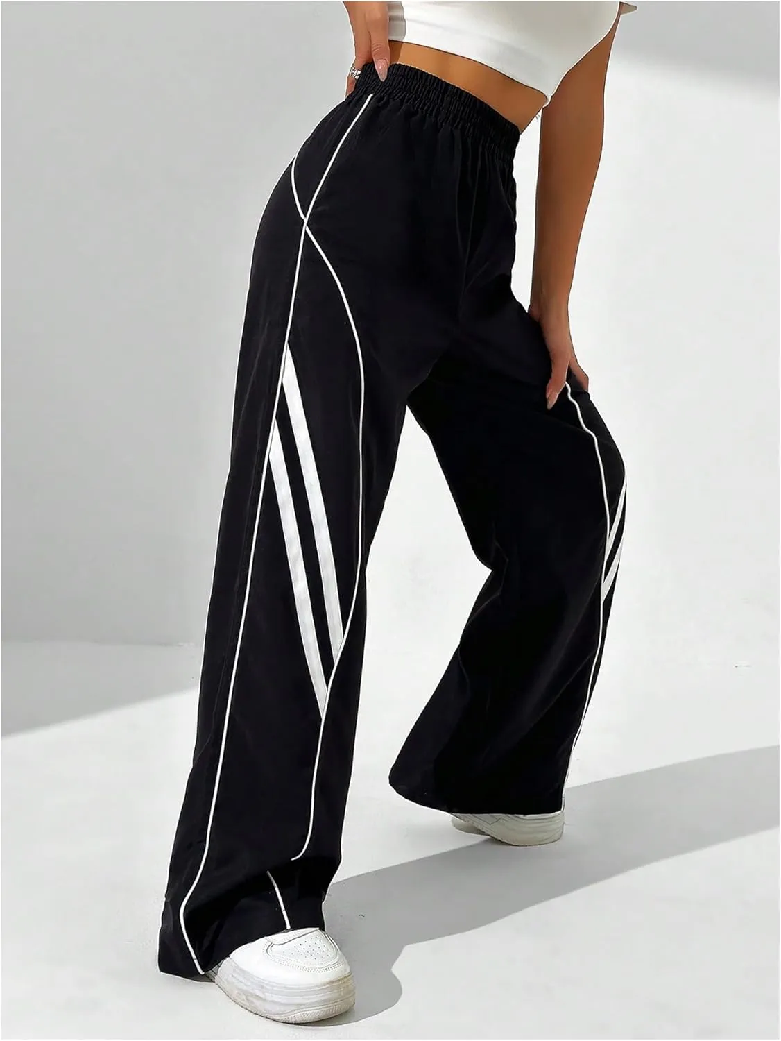GORGLITTER Women's Y2k Elastic High Waisted Baggy Track Pants Vintage Wide Leg Parachute Trousers