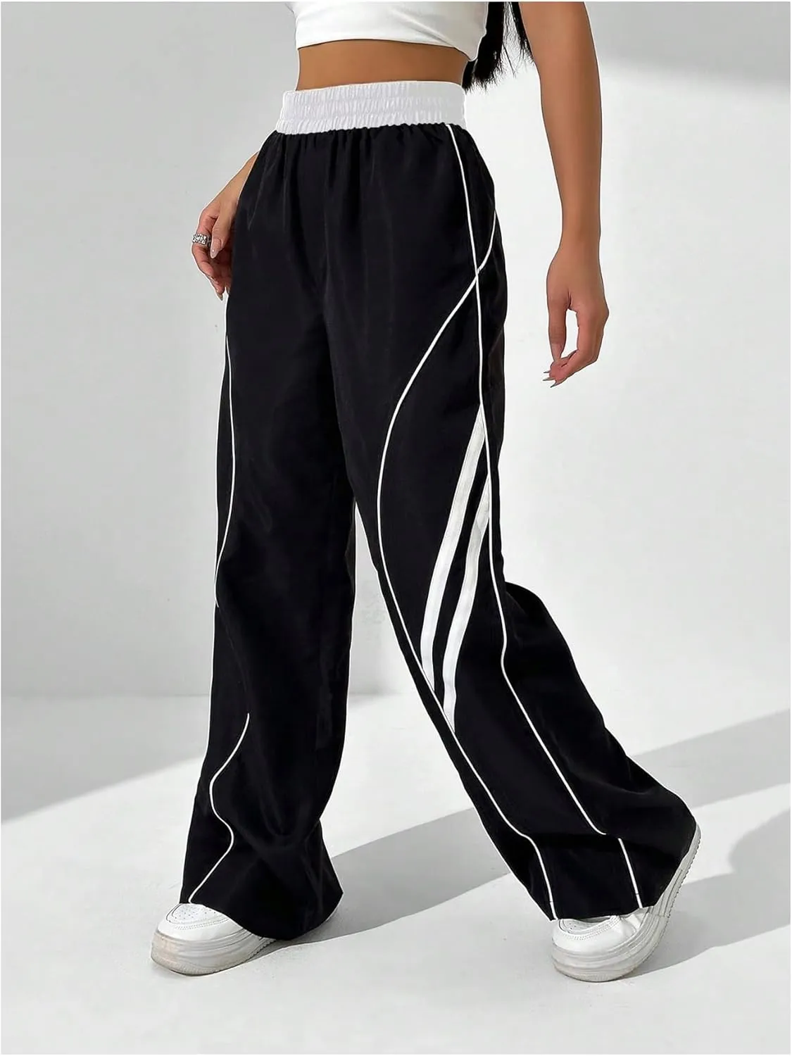 GORGLITTER Women's Y2k Elastic High Waisted Baggy Track Pants Vintage Wide Leg Parachute Trousers