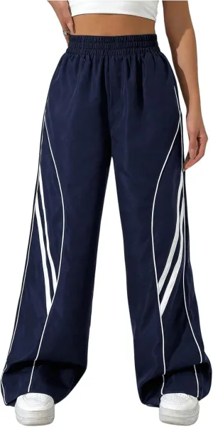 GORGLITTER Women's Y2k Elastic High Waisted Baggy Track Pants Vintage Wide Leg Parachute Trousers