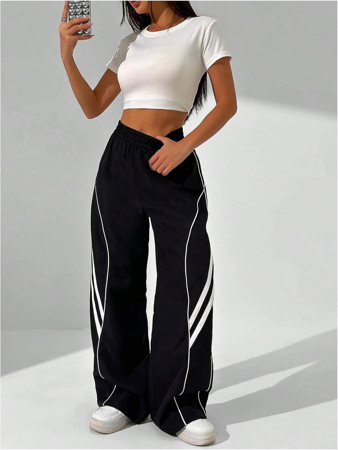 GORGLITTER Women's Y2k Elastic High Waisted Baggy Track Pants Vintage Wide Leg Parachute Trousers