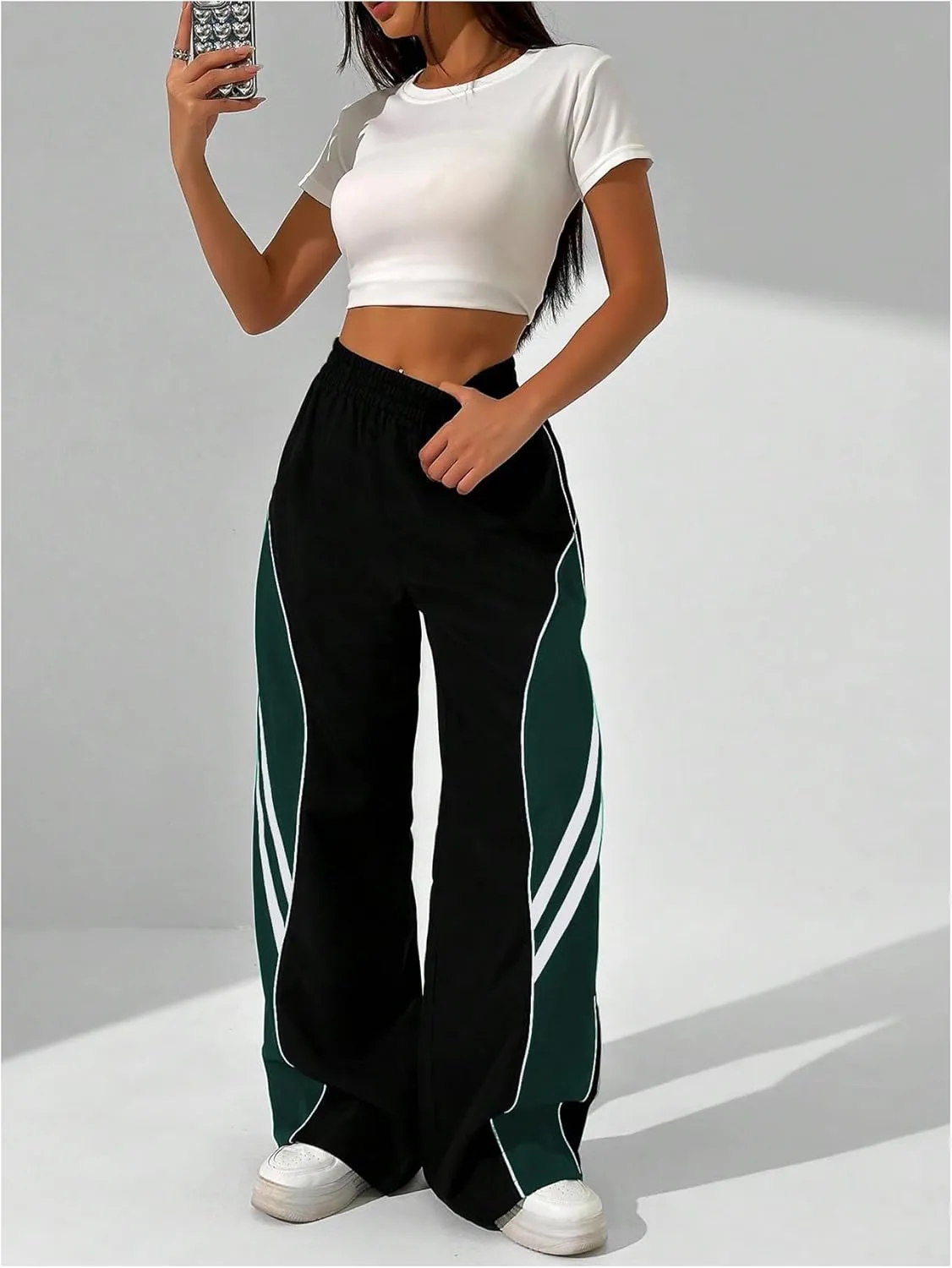 GORGLITTER Women's Y2k Elastic High Waisted Baggy Track Pants Vintage Wide Leg Parachute Trousers