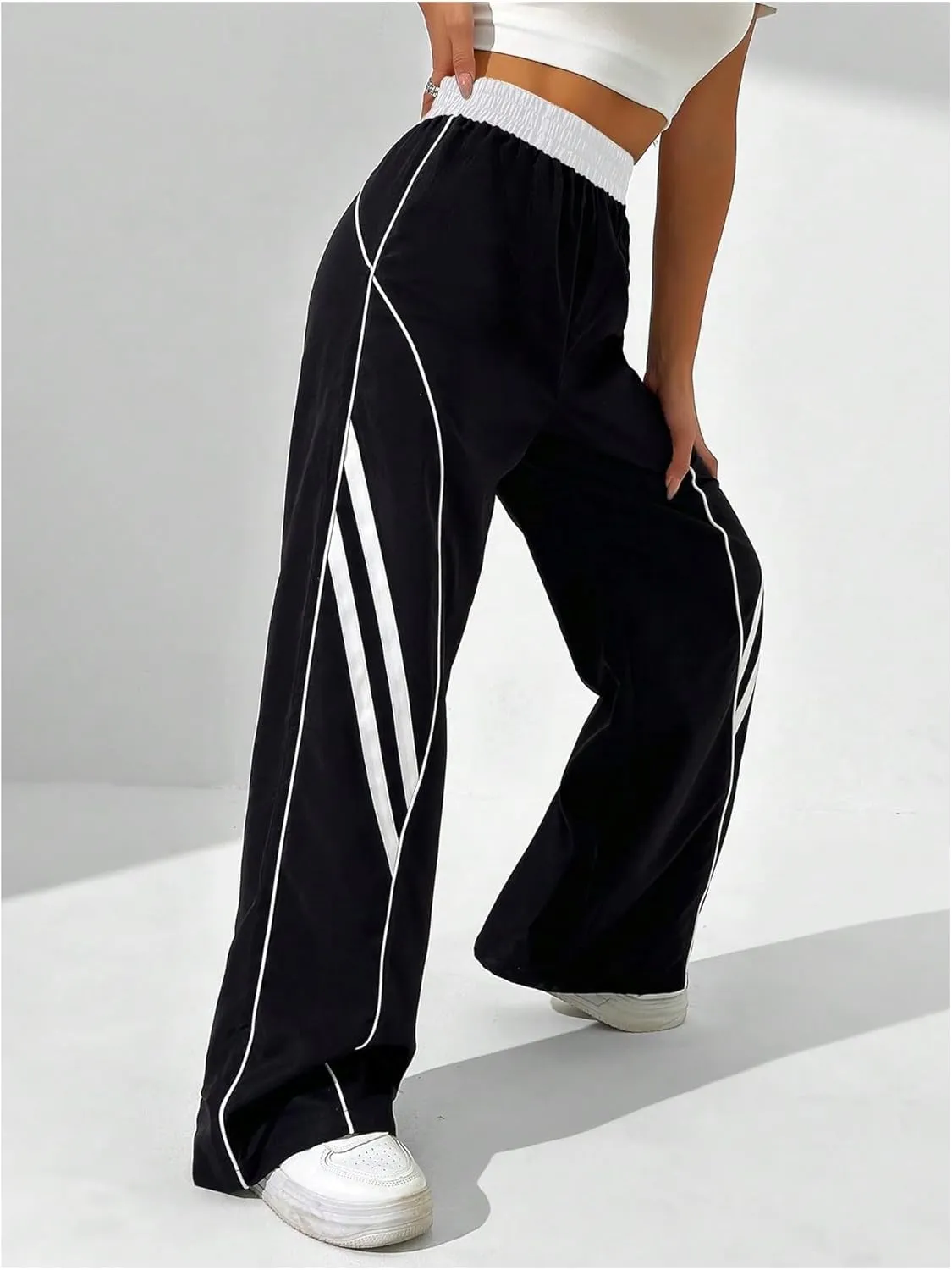 GORGLITTER Women's Y2k Elastic High Waisted Baggy Track Pants Vintage Wide Leg Parachute Trousers