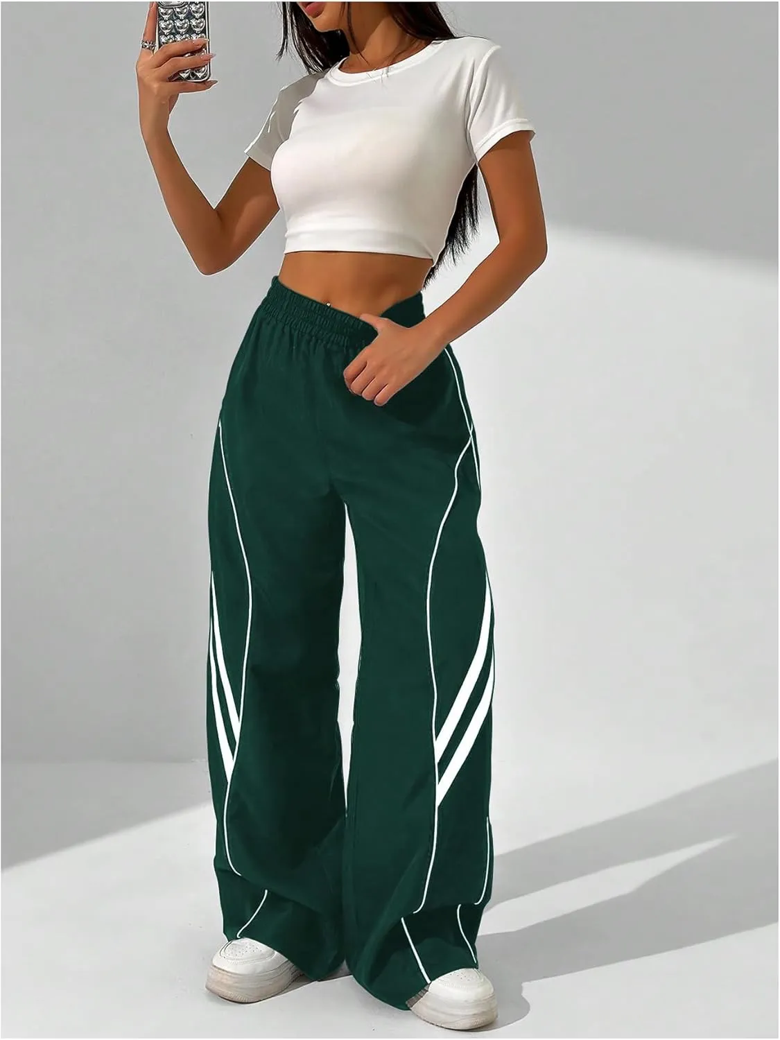 GORGLITTER Women's Y2k Elastic High Waisted Baggy Track Pants Vintage Wide Leg Parachute Trousers