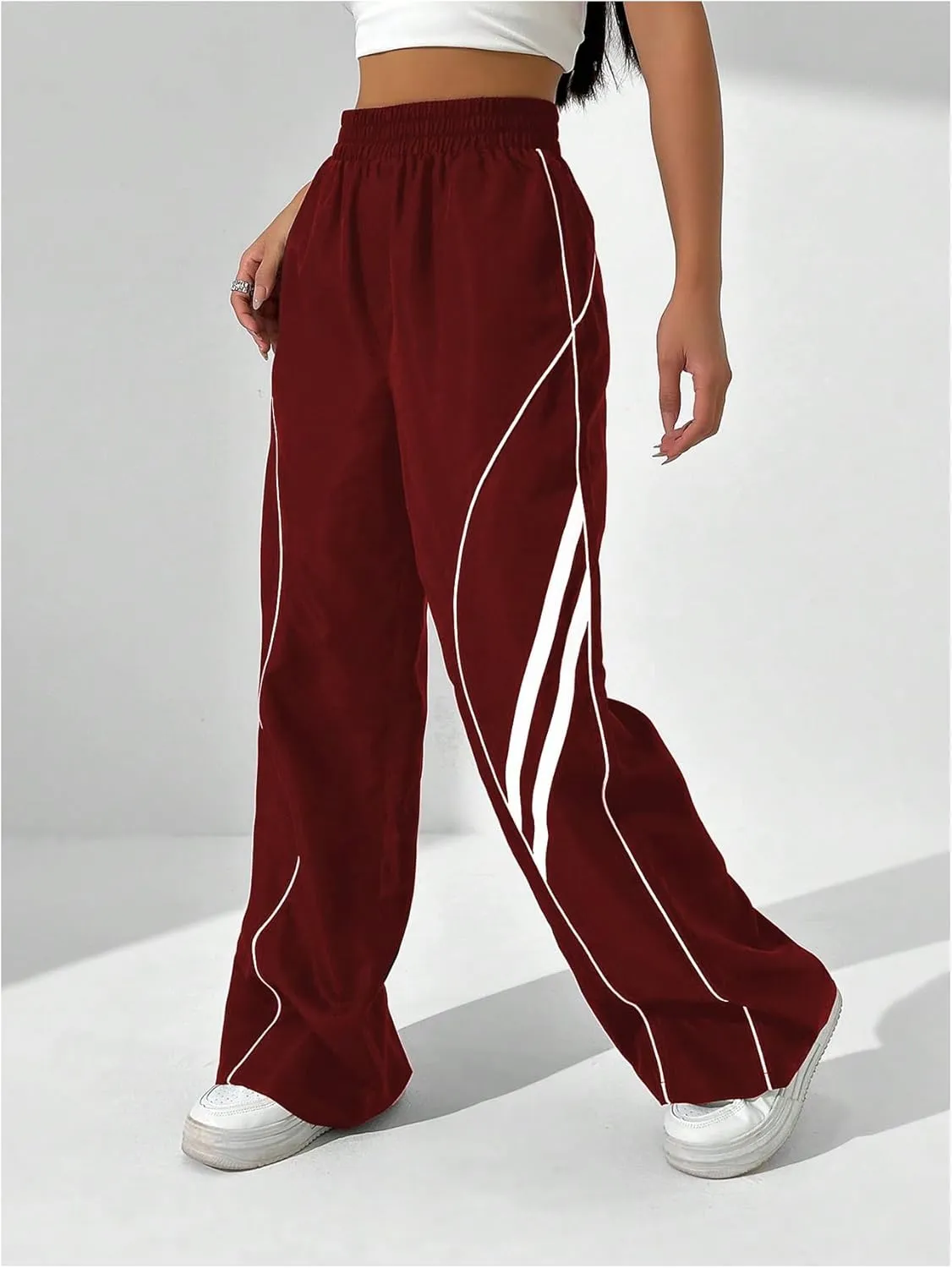GORGLITTER Women's Y2k Elastic High Waisted Baggy Track Pants Vintage Wide Leg Parachute Trousers