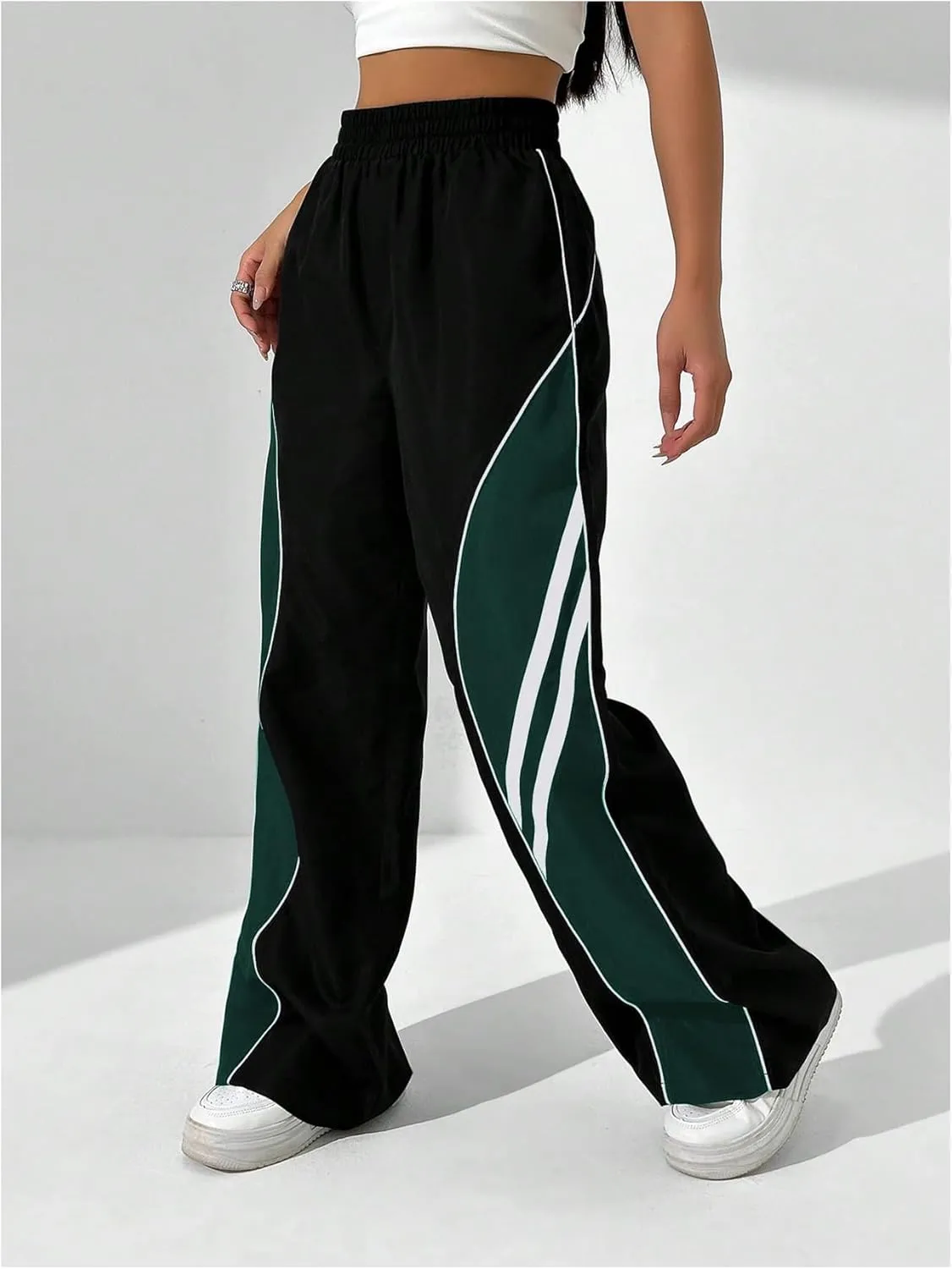 GORGLITTER Women's Y2k Elastic High Waisted Baggy Track Pants Vintage Wide Leg Parachute Trousers