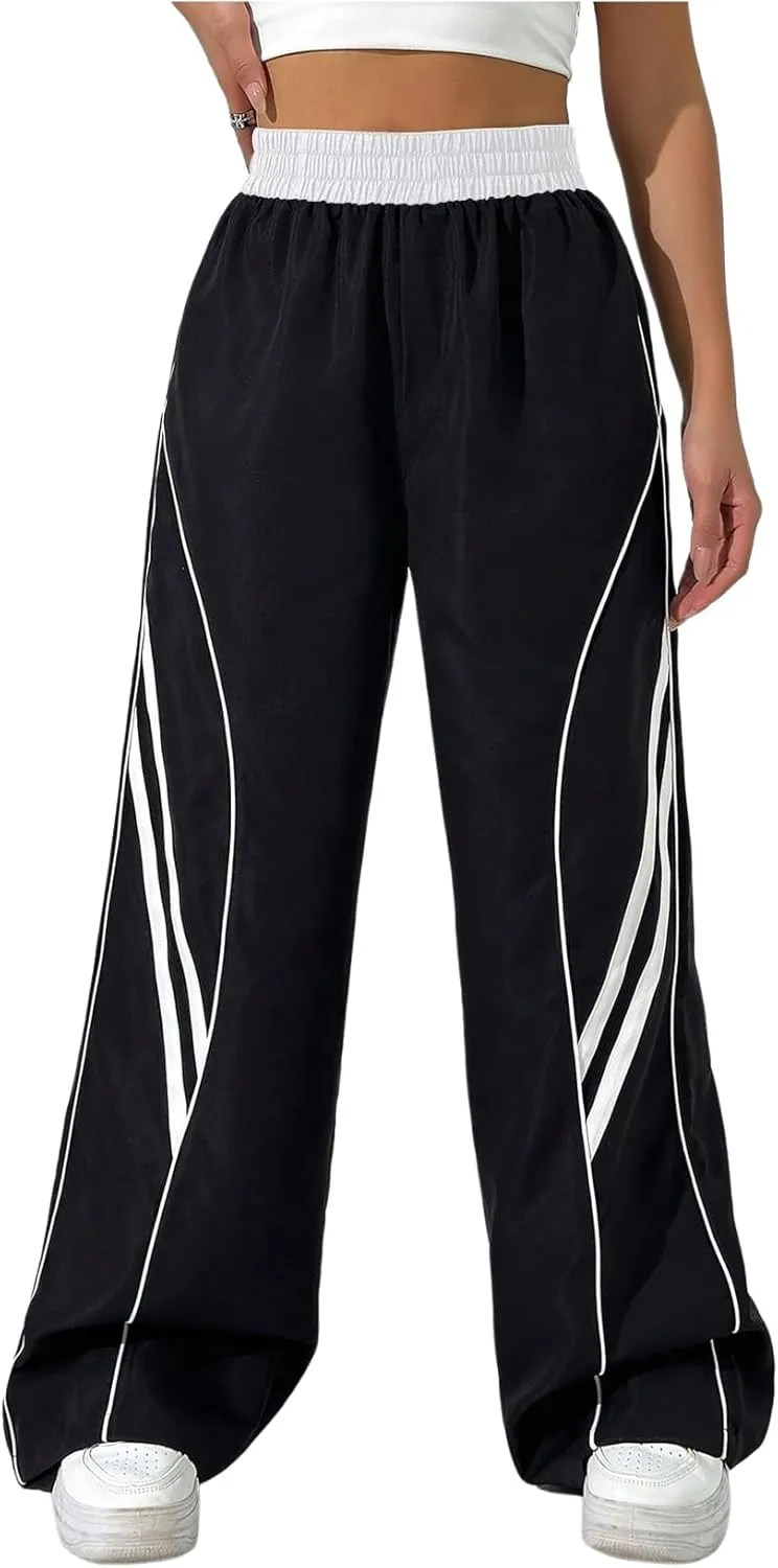 GORGLITTER Women's Y2k Elastic High Waisted Baggy Track Pants Vintage Wide Leg Parachute Trousers