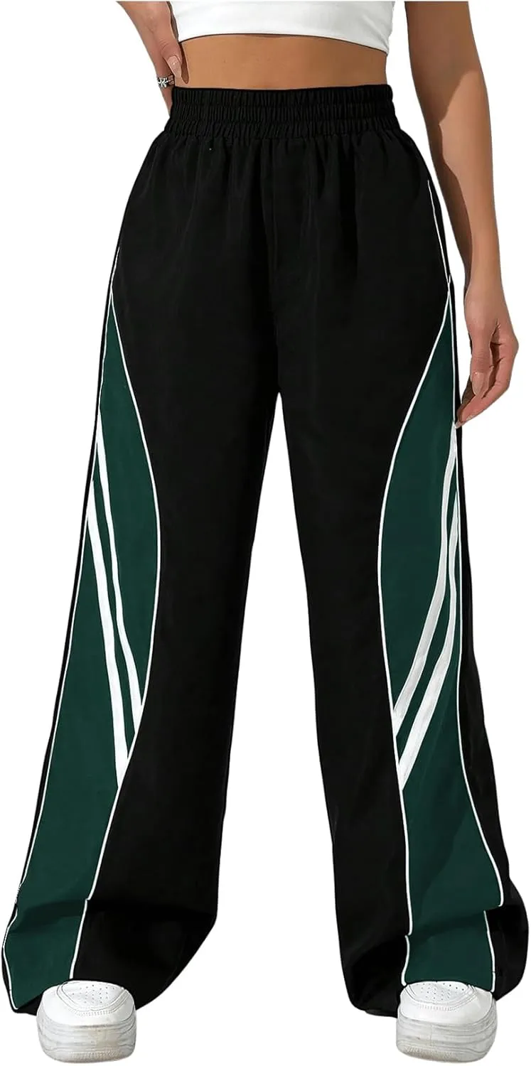 GORGLITTER Women's Y2k Elastic High Waisted Baggy Track Pants Vintage Wide Leg Parachute Trousers