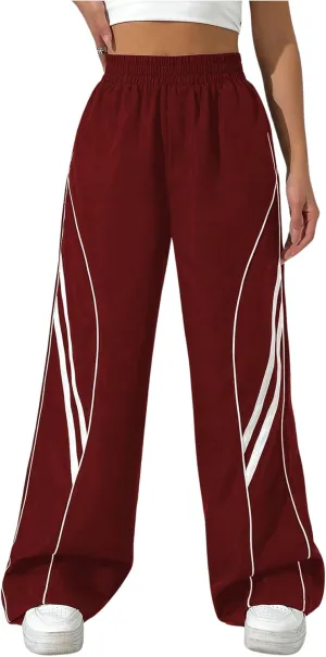GORGLITTER Women's Y2k Elastic High Waisted Baggy Track Pants Vintage Wide Leg Parachute Trousers