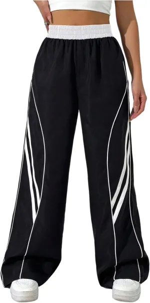 GORGLITTER Women's Y2k Elastic High Waisted Baggy Track Pants Vintage Wide Leg Parachute Trousers