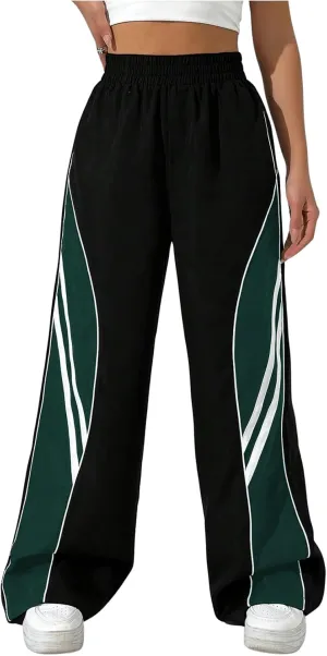 GORGLITTER Women's Y2k Elastic High Waisted Baggy Track Pants Vintage Wide Leg Parachute Trousers