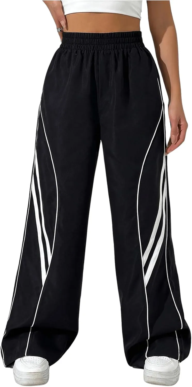 GORGLITTER Women's Y2k Elastic High Waisted Baggy Track Pants Vintage Wide Leg Parachute Trousers