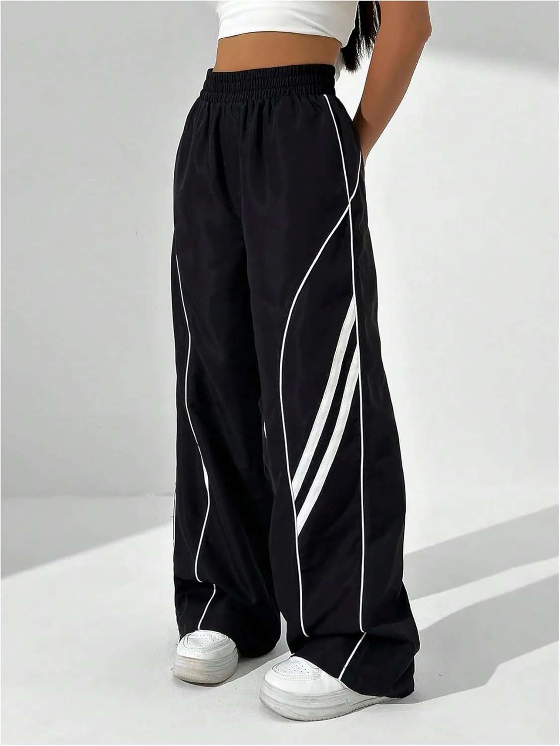 GORGLITTER Women's Y2k Elastic High Waisted Baggy Track Pants Vintage Wide Leg Parachute Trousers