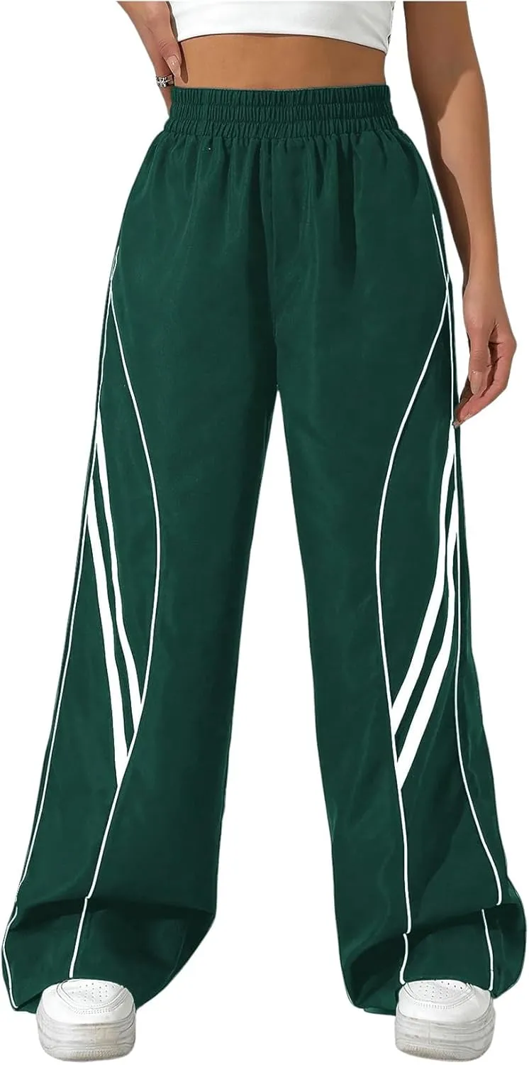 GORGLITTER Women's Y2k Elastic High Waisted Baggy Track Pants Vintage Wide Leg Parachute Trousers