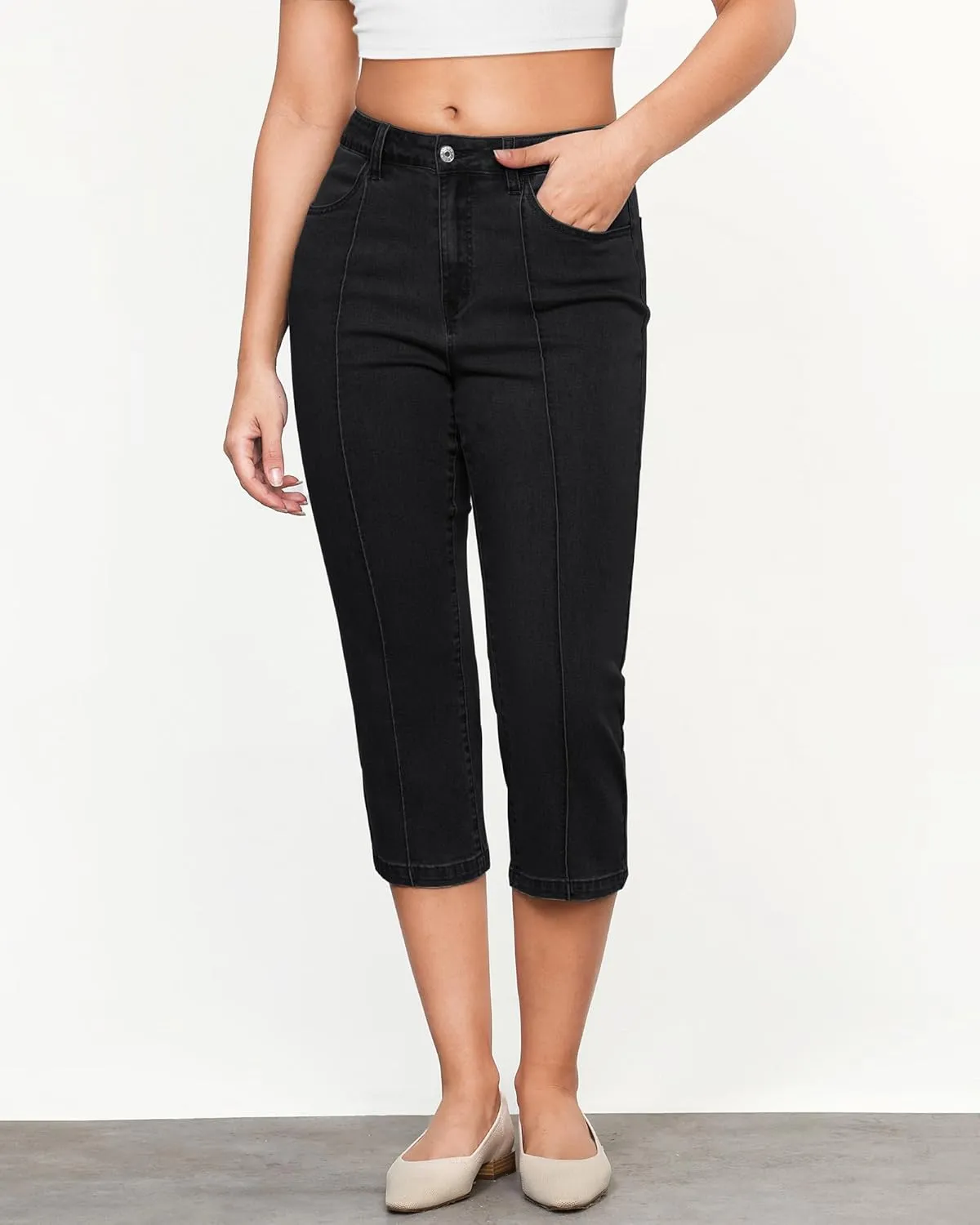 GRAPENT Capri Jeans for Women High Waisted Stretchy Denim Capris Front Seamed Cropped Skinny Slim Fit Jeans with Pockets
