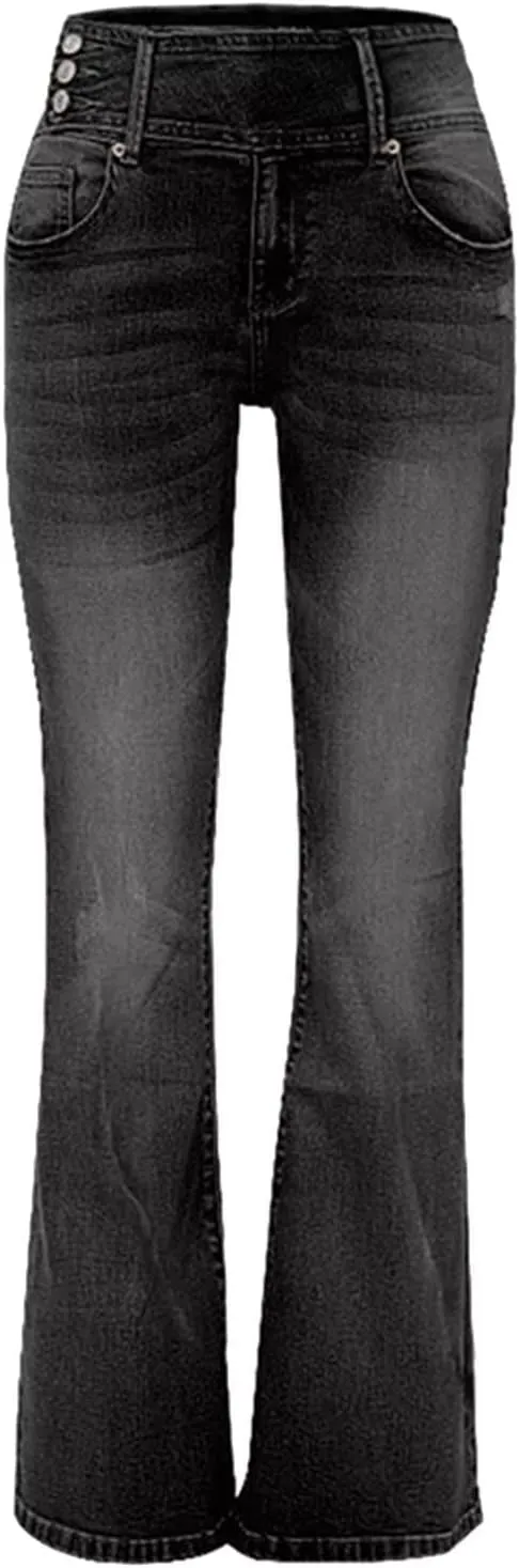 Gumipy Women Seamed Front Wide Leg Jeans Elastic Waist Stretch Denim Flare Jeans High Waisted Baggy Jean Bell Bottom Jeans