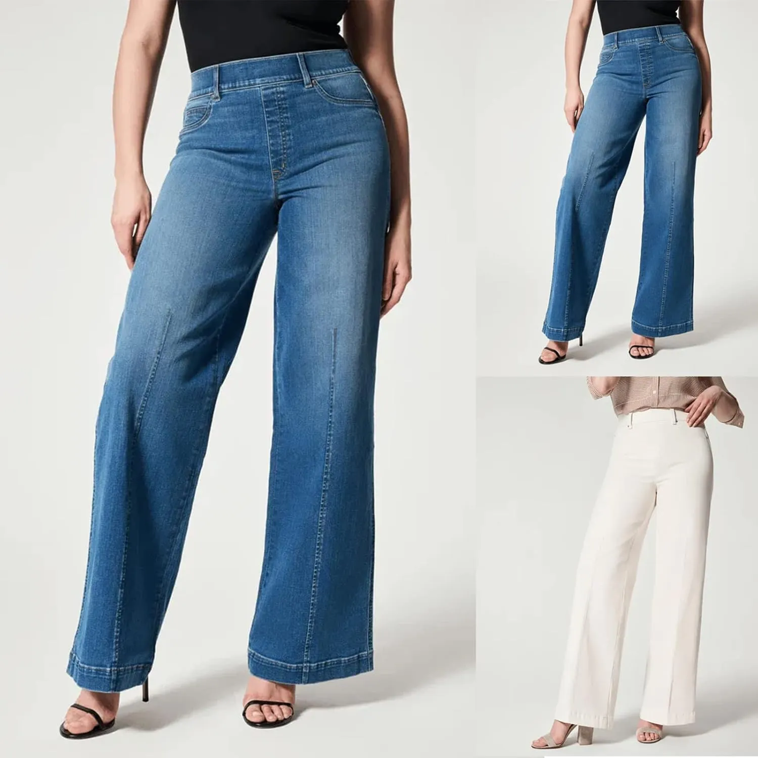 Gumipy Women Seamed Front Wide Leg Jeans Elastic Waist Stretch Denim Flare Jeans High Waisted Baggy Jean Bell Bottom Jeans