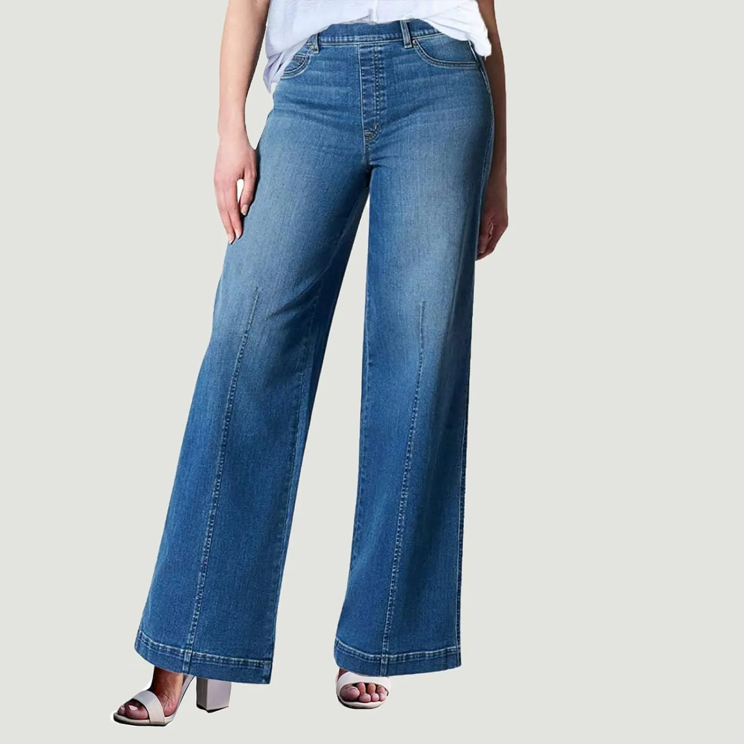 Gumipy Women Seamed Front Wide Leg Jeans Elastic Waist Stretch Denim Flare Jeans High Waisted Baggy Jean Bell Bottom Jeans