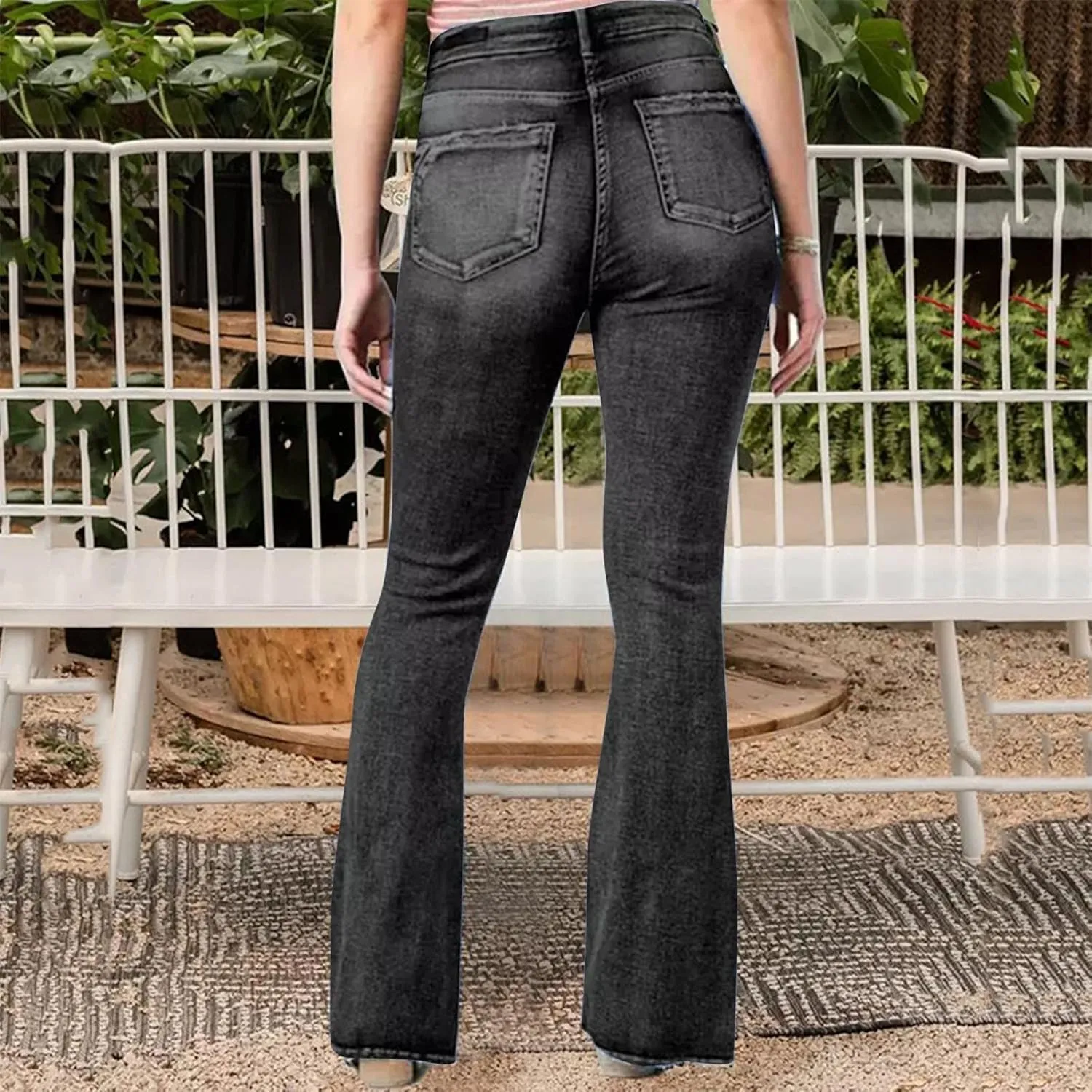 Gumipy Women Seamed Front Wide Leg Jeans Elastic Waist Stretch Denim Flare Jeans High Waisted Baggy Jean Bell Bottom Jeans