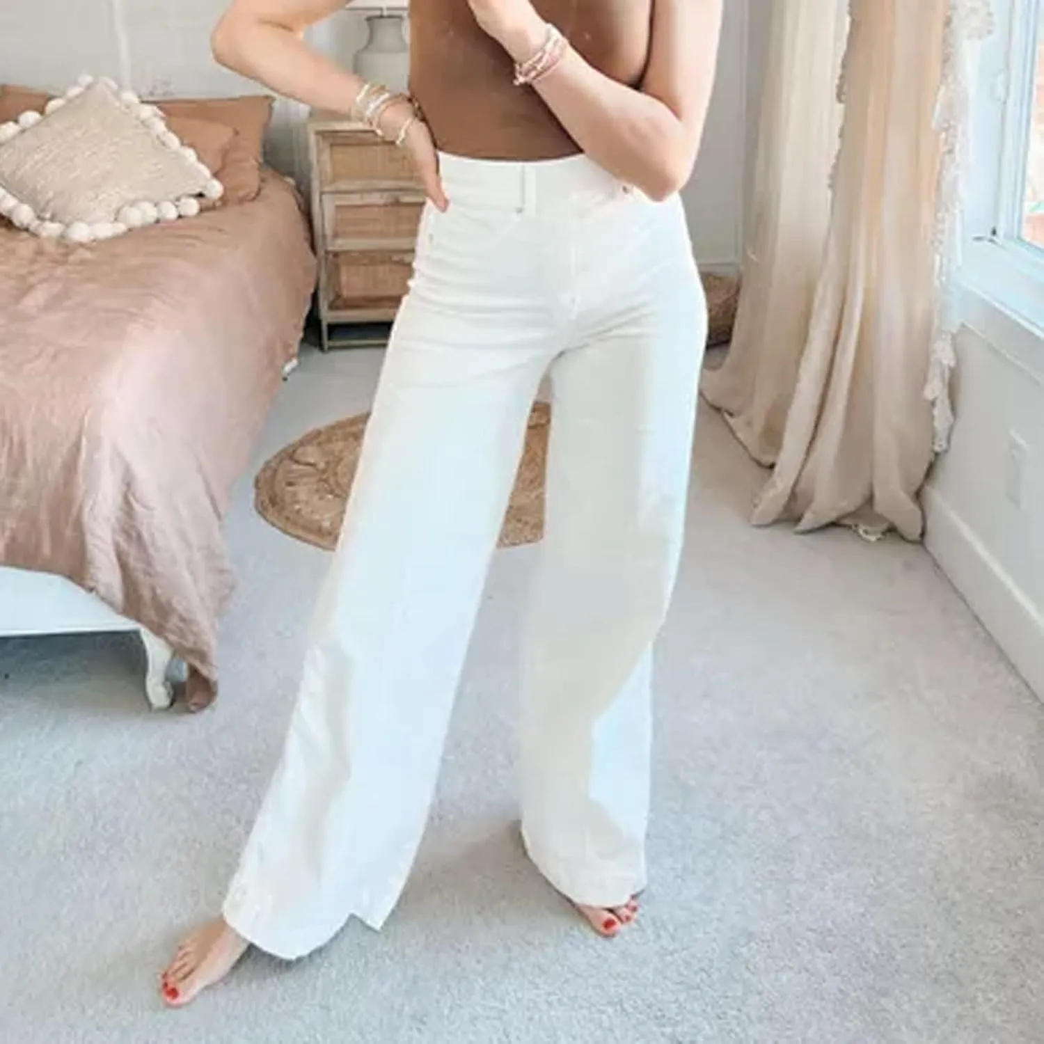Gumipy Women Seamed Front Wide Leg Jeans Elastic Waist Stretch Denim Flare Jeans High Waisted Baggy Jean Bell Bottom Jeans