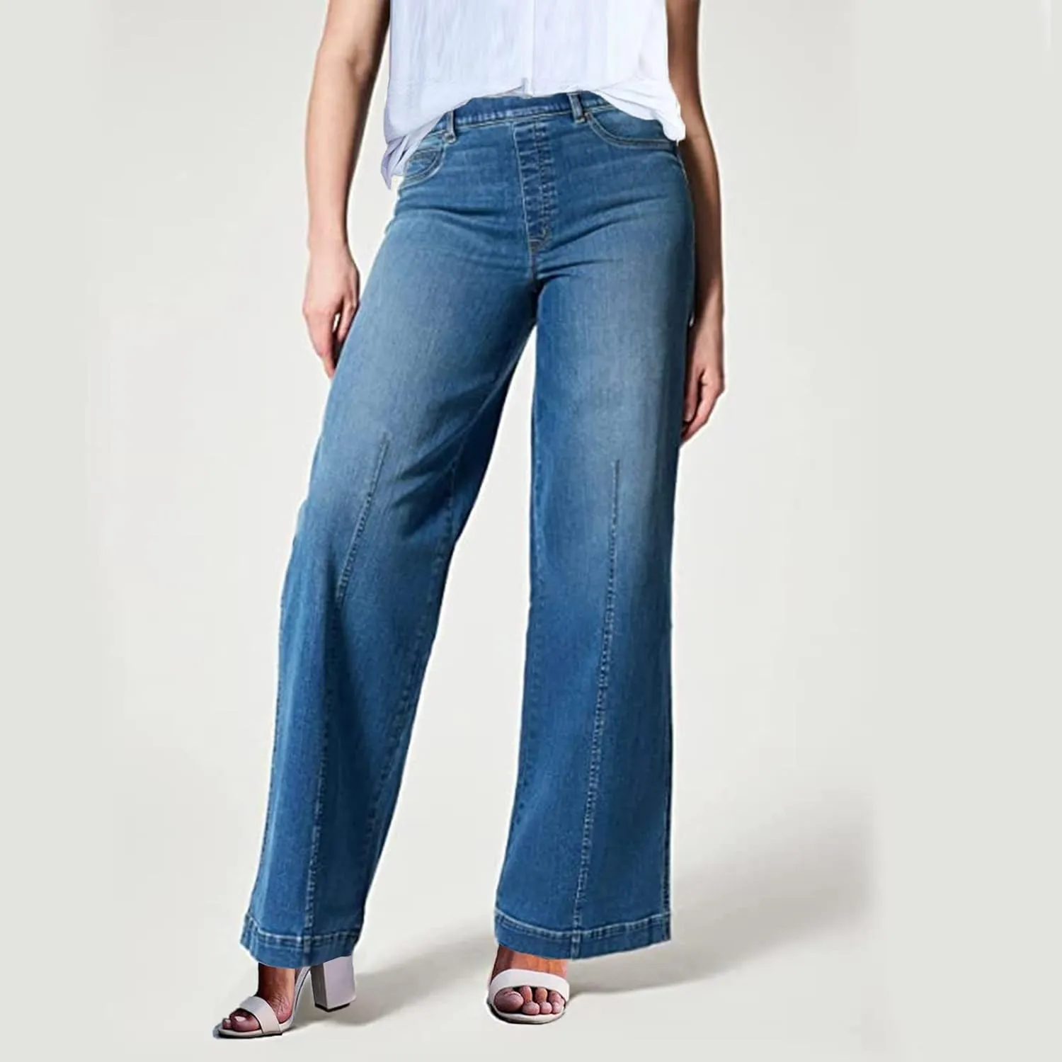 Gumipy Women Seamed Front Wide Leg Jeans Elastic Waist Stretch Denim Flare Jeans High Waisted Baggy Jean Bell Bottom Jeans